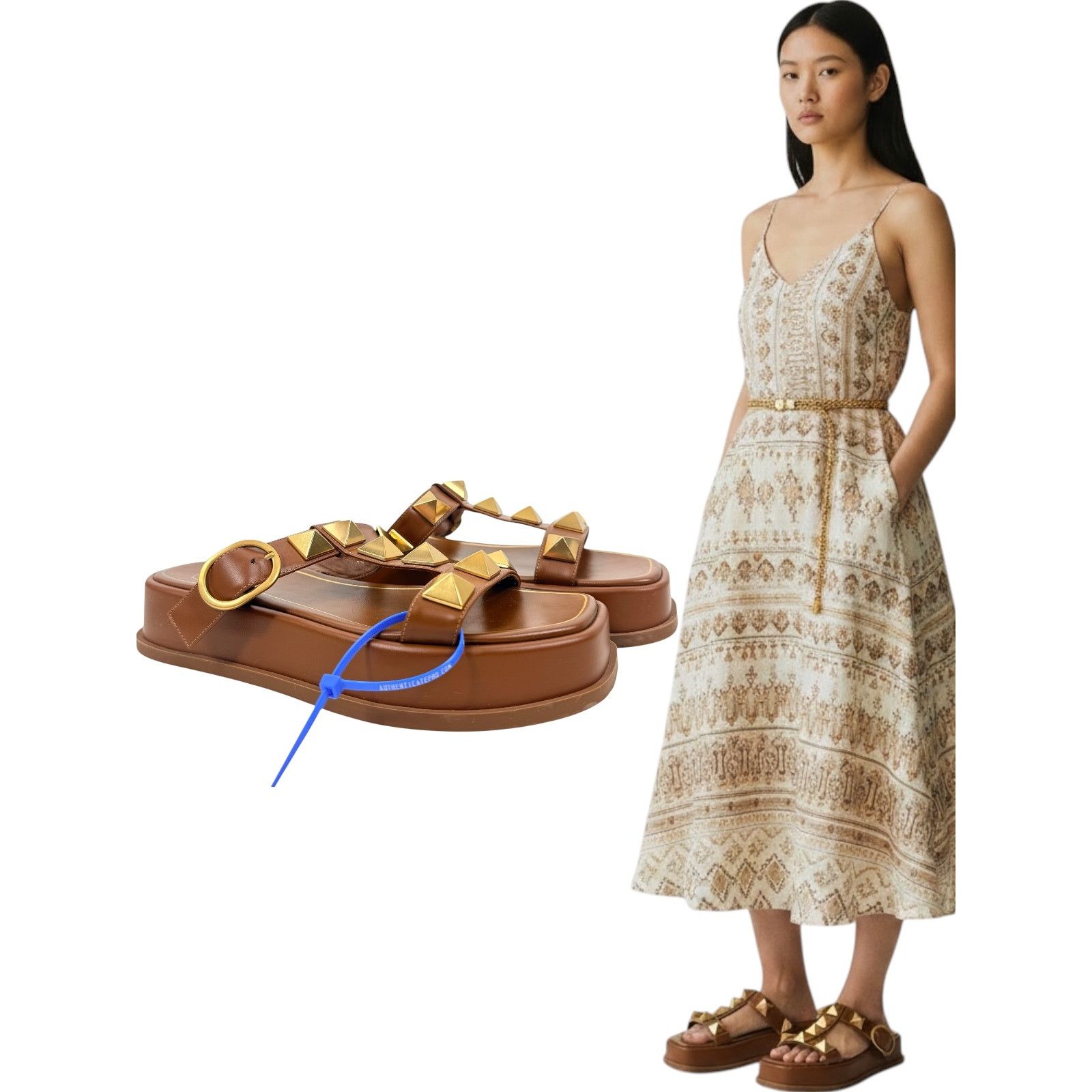 Valentino Valentino Garavani Roman Stud Platform Leather Slides Brown Size US 7.5 / IT 37.5 - 1 Thumbnail