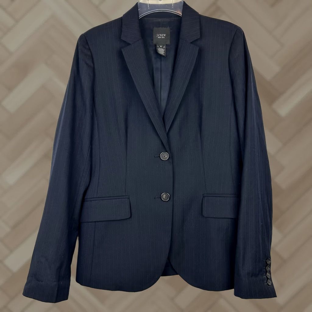 J.Crew J.CREW Blazer Womens 6 Single-Breasted Wool Pinstripe Notch Lapel Dark Blue Regular Set Jacket Office Preppy Clothes Size M / US 6-8 / IT 42-44 - 1 Thumbnail