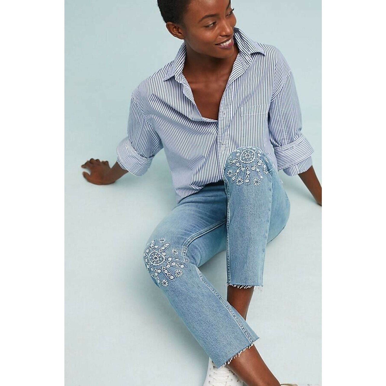 Anthropologie New M.i.h Mimi Ultra High-Rise Embroidered Slim Jeans Sz 26 Size 26" / US 2 / IT 38 - 1 Thumbnail