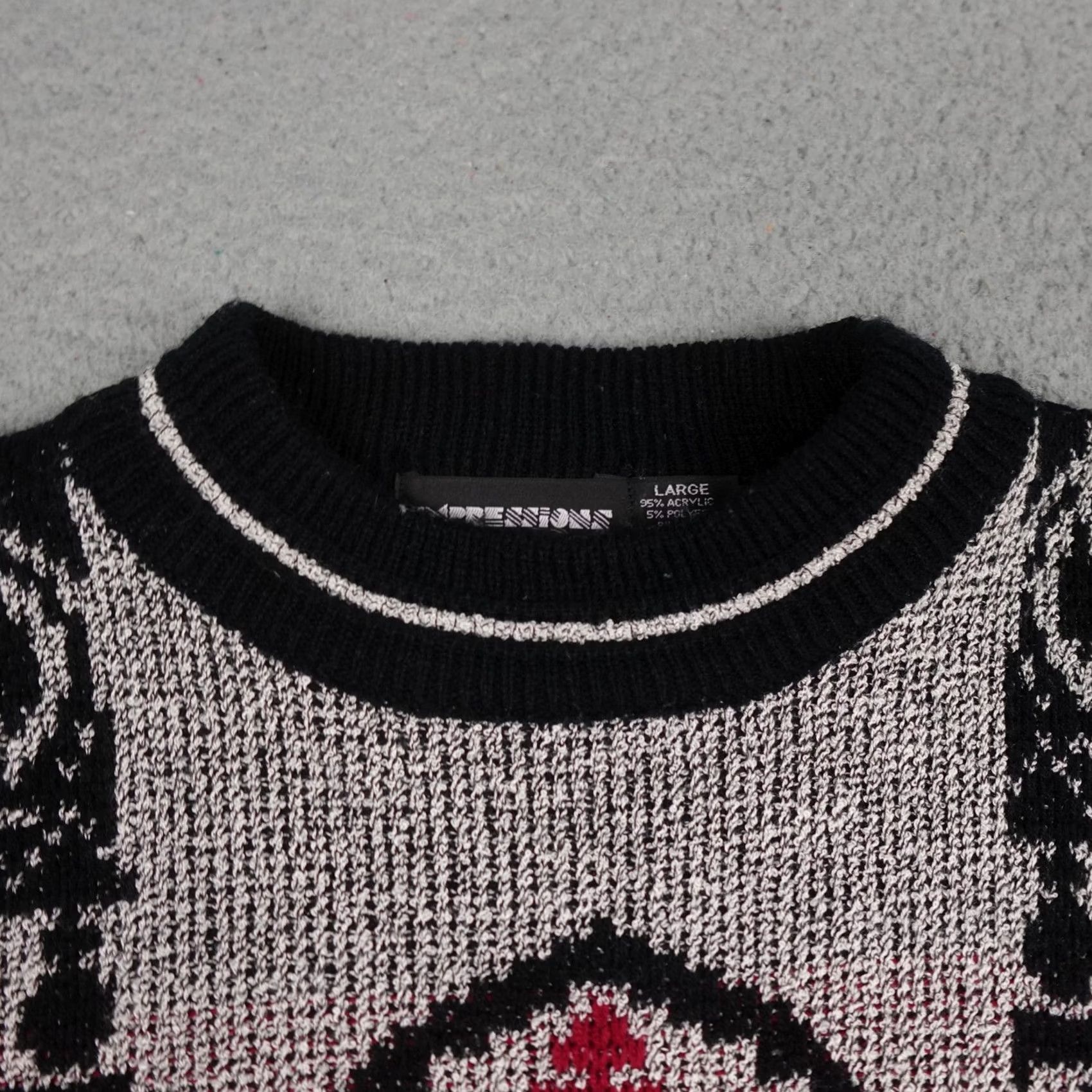 Vintage VINTAGE Expressions International Sweater Mens Large Black Red Knit Abstract 80s Size US L / EU 52-54 / 3 - 4 Thumbnail