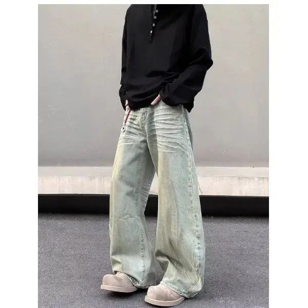 Japanese Brand Retro loose dirty dyed cat whisker jeans Size US 32 / EU 48 - 3 Thumbnail