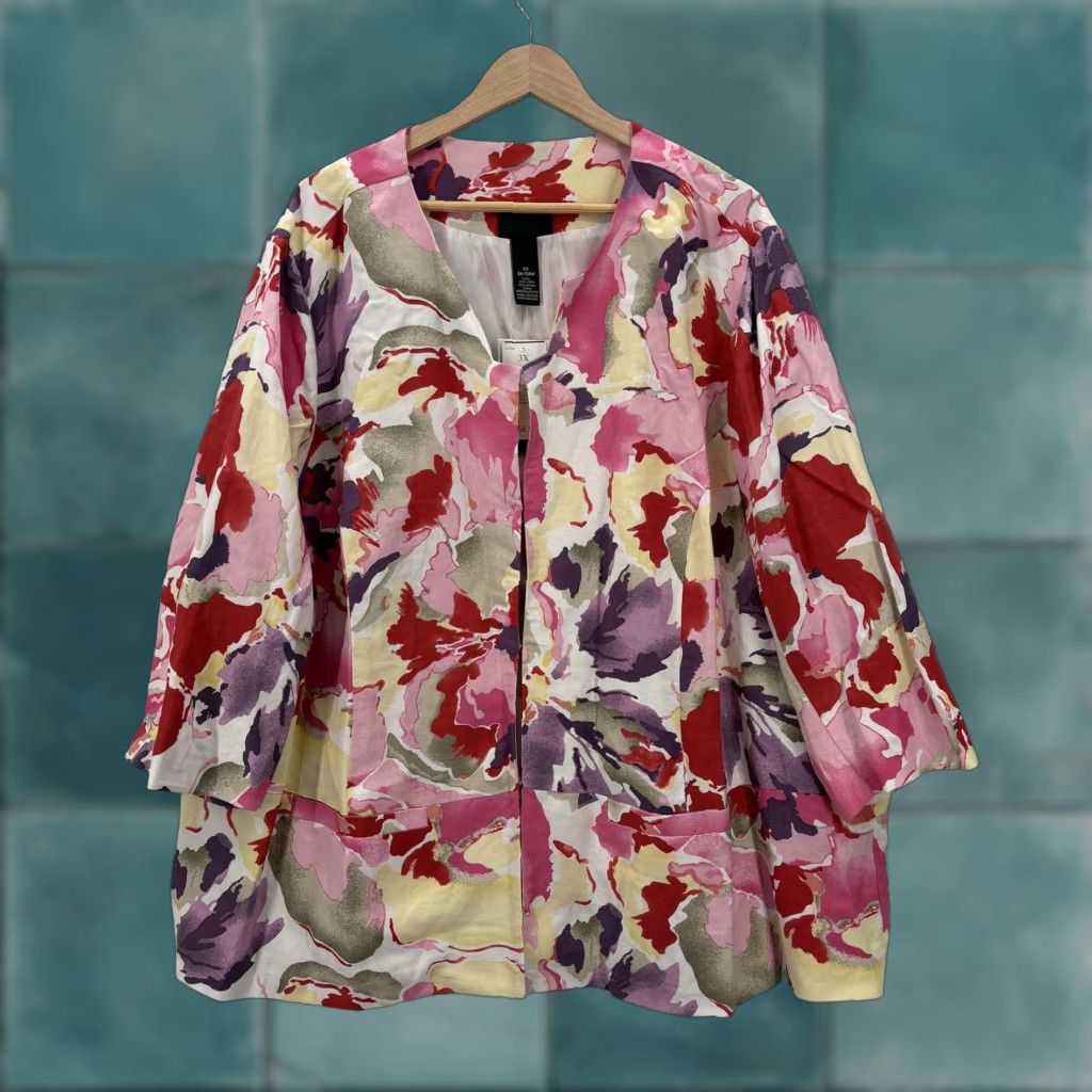 Vintage Maggie Barnes Jacket 3X Womens Multi Floral Linen Blend Open Front Collarless Size XXL / US 16-18 / IT 52-54 - 1 Thumbnail