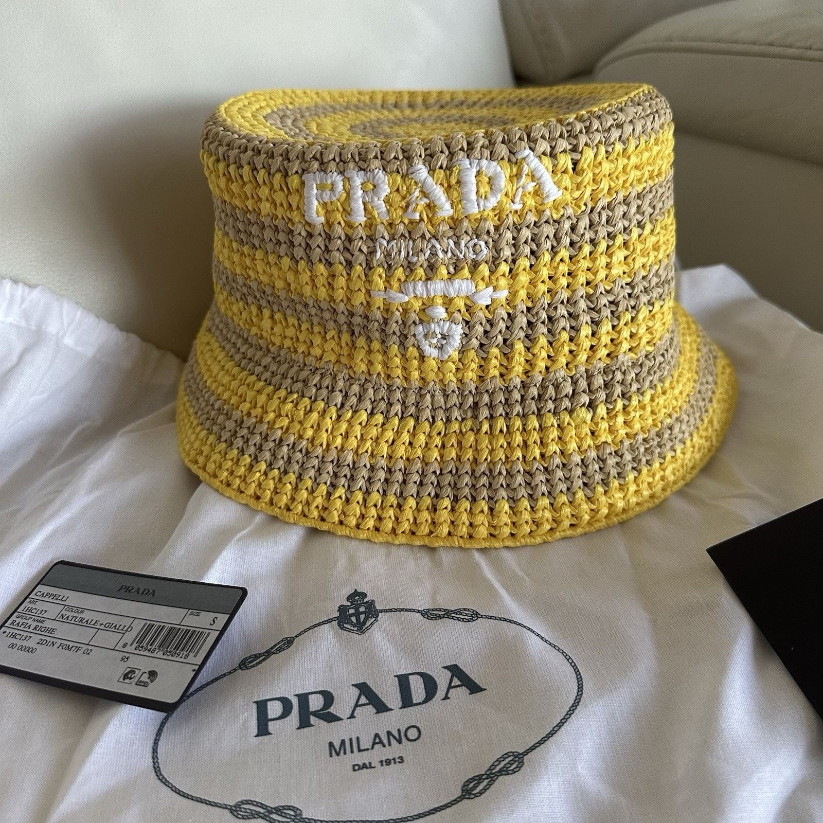 Prada NEW PRADA Raffia Striped Logo Embroidered Womens Bucket Hat Size ONE SIZE - 2 Thumbnail