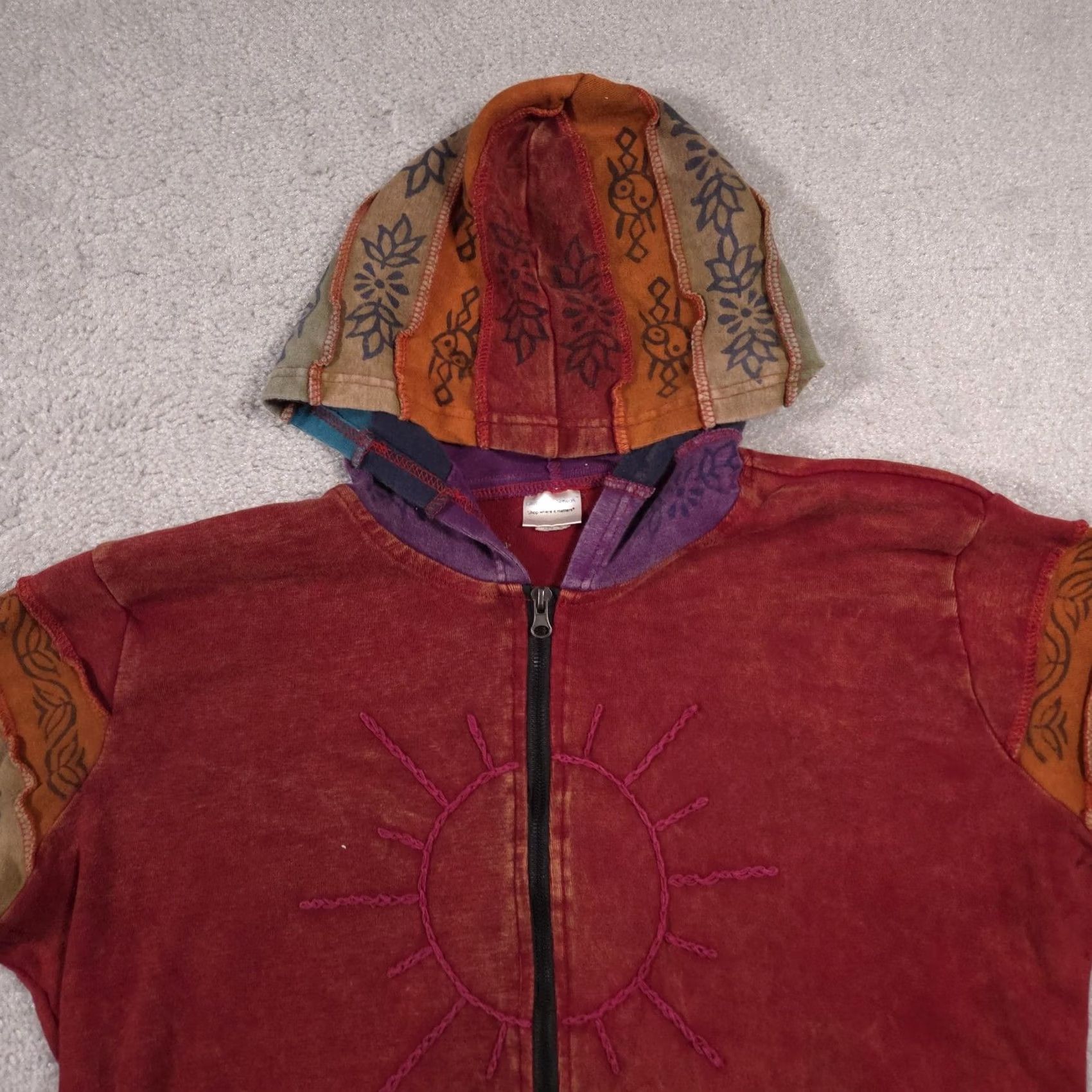 Vintage GreaterGood Network Hoodie Womens Large Red Patchwork Sun Zip Boho Hippie Multi Size L / US 10 / IT 46 - 3 Thumbnail