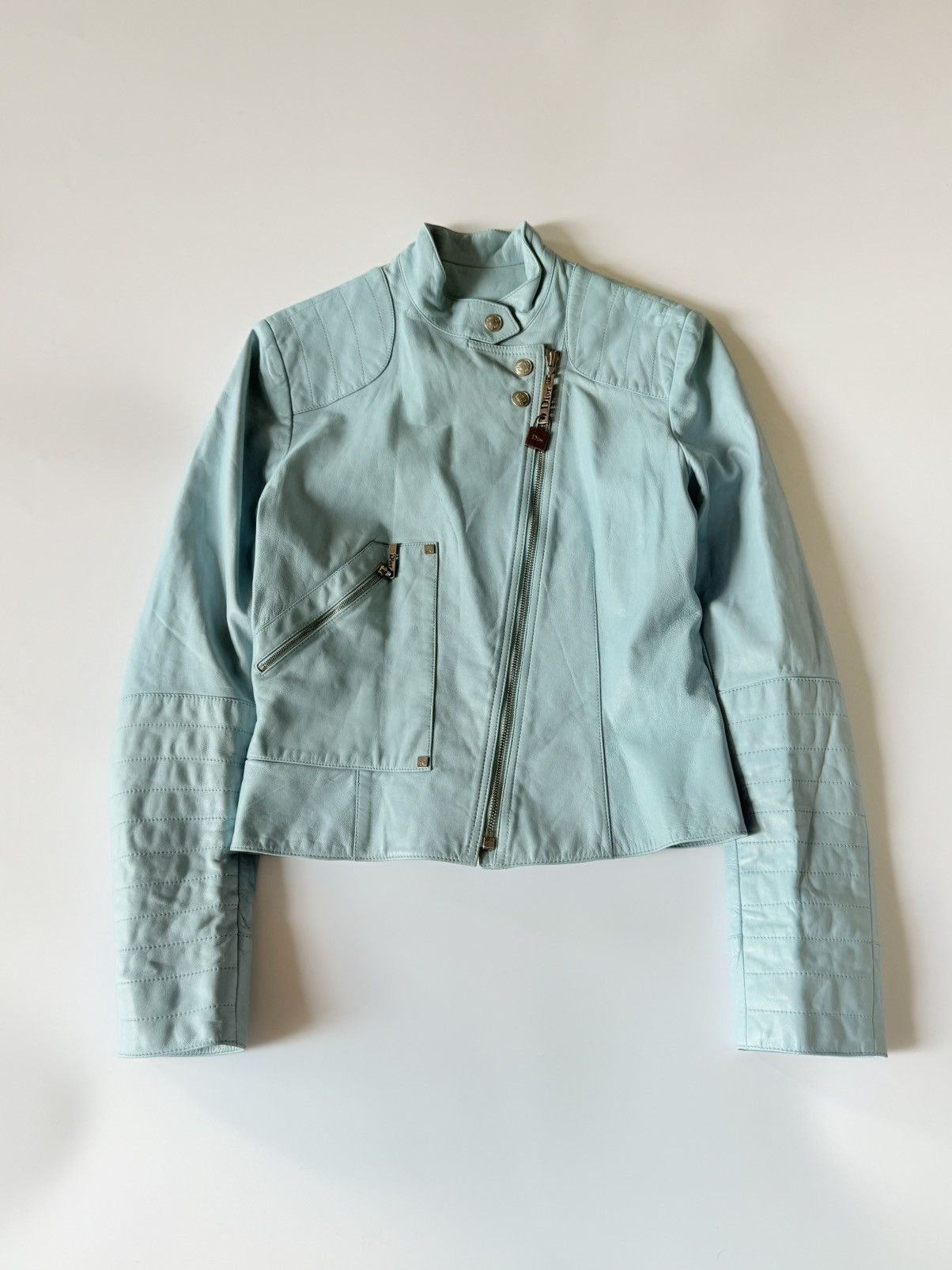 Dior Christian Dior John Galliano S/S 2004 Turquoise Biker Jacket Size XS / US 0-2 / IT 36-38 - 1 Thumbnail