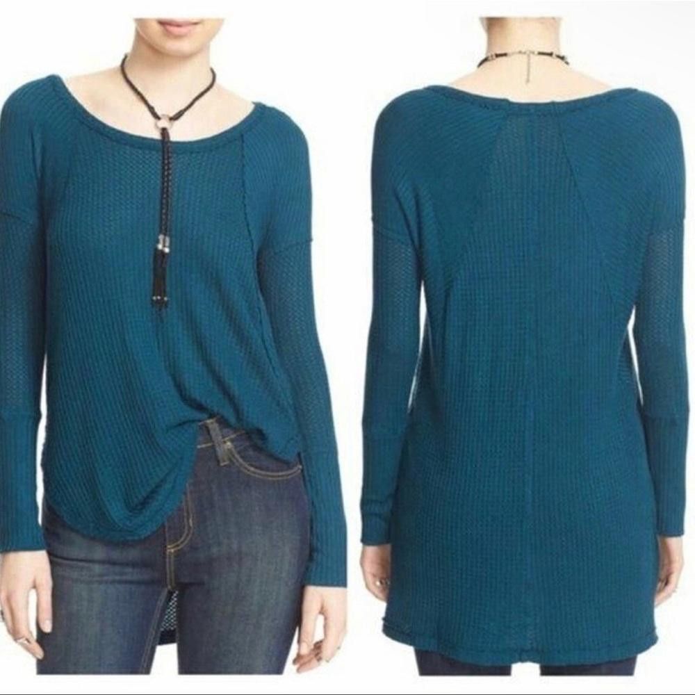Designer Cozy Long Sleeve Waffle Knit Top - Teal Size XS / US 0-2 / IT 36-38 - 1 Thumbnail