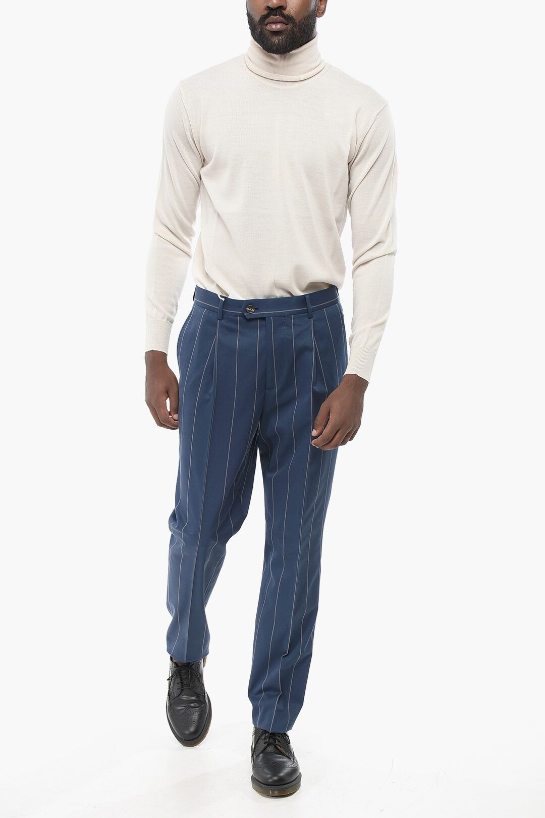Brunello Cucinelli og1mm0825 Single-Pleated Pinstriped Wool Blend Pant in Blue Size US 34 / EU 50 - 4 Thumbnail