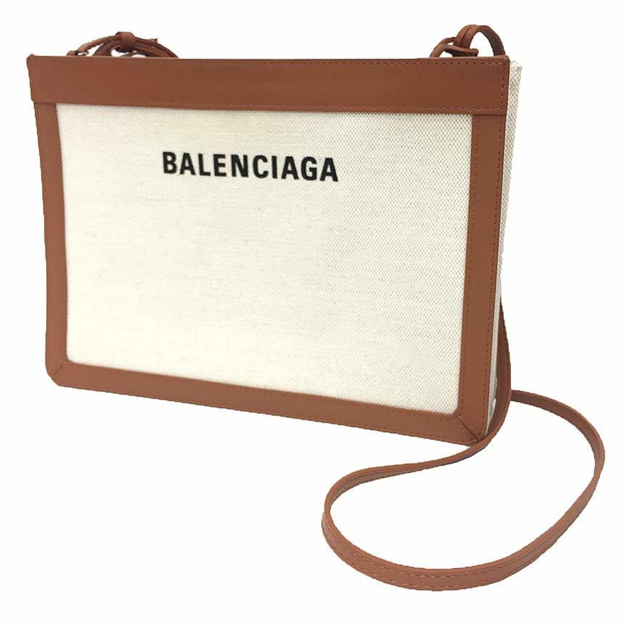 Balenciaga BALENCIAGA Navy Pochette Shoulder Bag 39937 Canvas/Leather White/Brown Size ONE SIZE - 1 Thumbnail