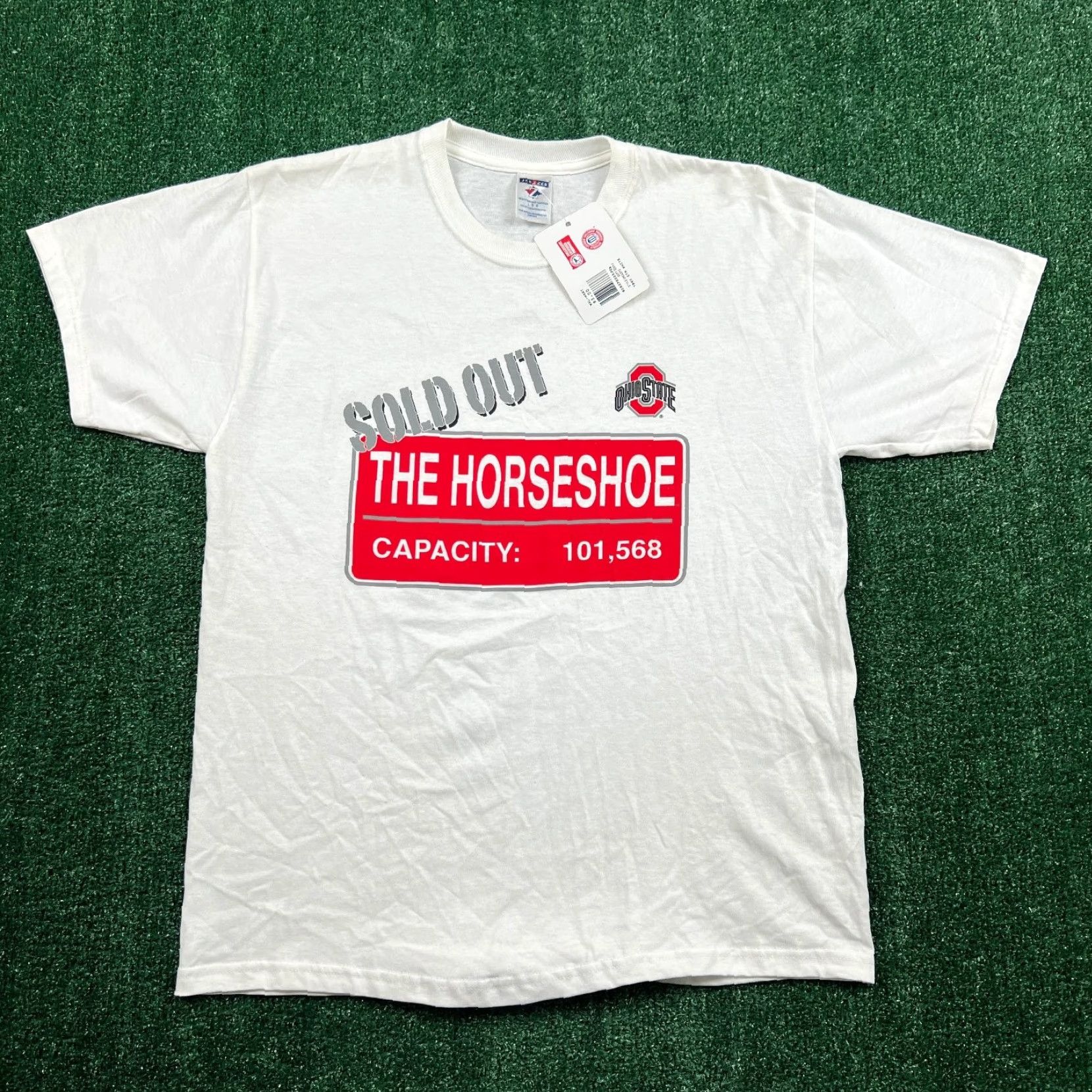 Jerzees VTG NWT Ohio State Buckeyes The Horseshoe Stadium T-Shirt Mens Large White Crew Neck Graphic Print 100% Cotton Buckeye Mens Size US L / EU 52-54 / 3 - 4 Thumbnail