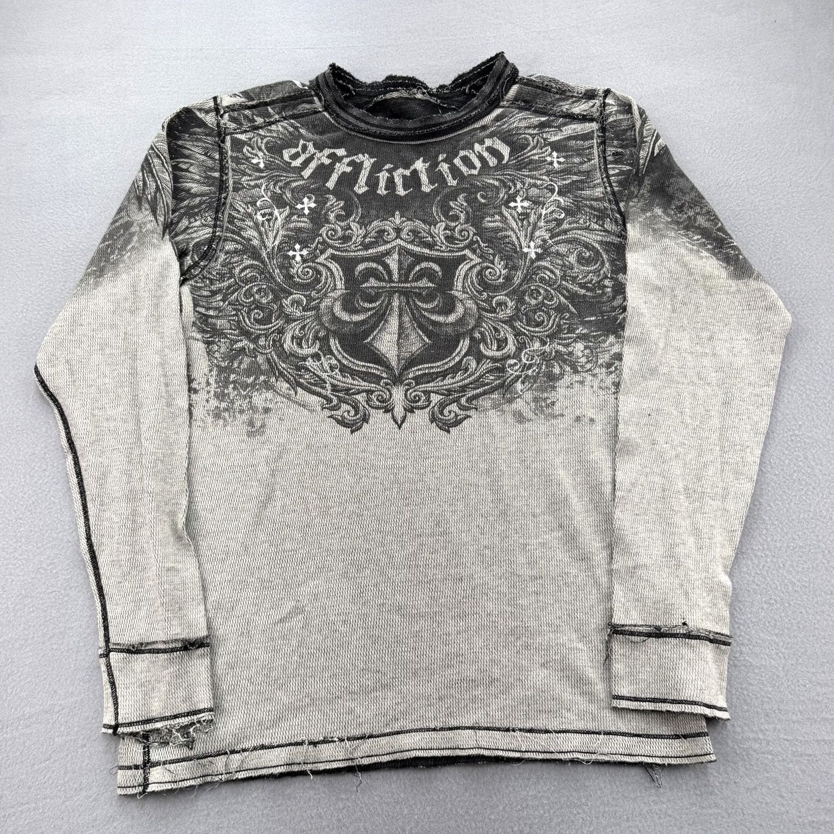 Affliction Affliction Shirt Mens Medium Gray Long Sleeve Distressed Graphic MMA Style Crew Neck Graphic Print Skull Cross Vintage: No Size US M / EU 48-50 / 2 - 2 Thumbnail
