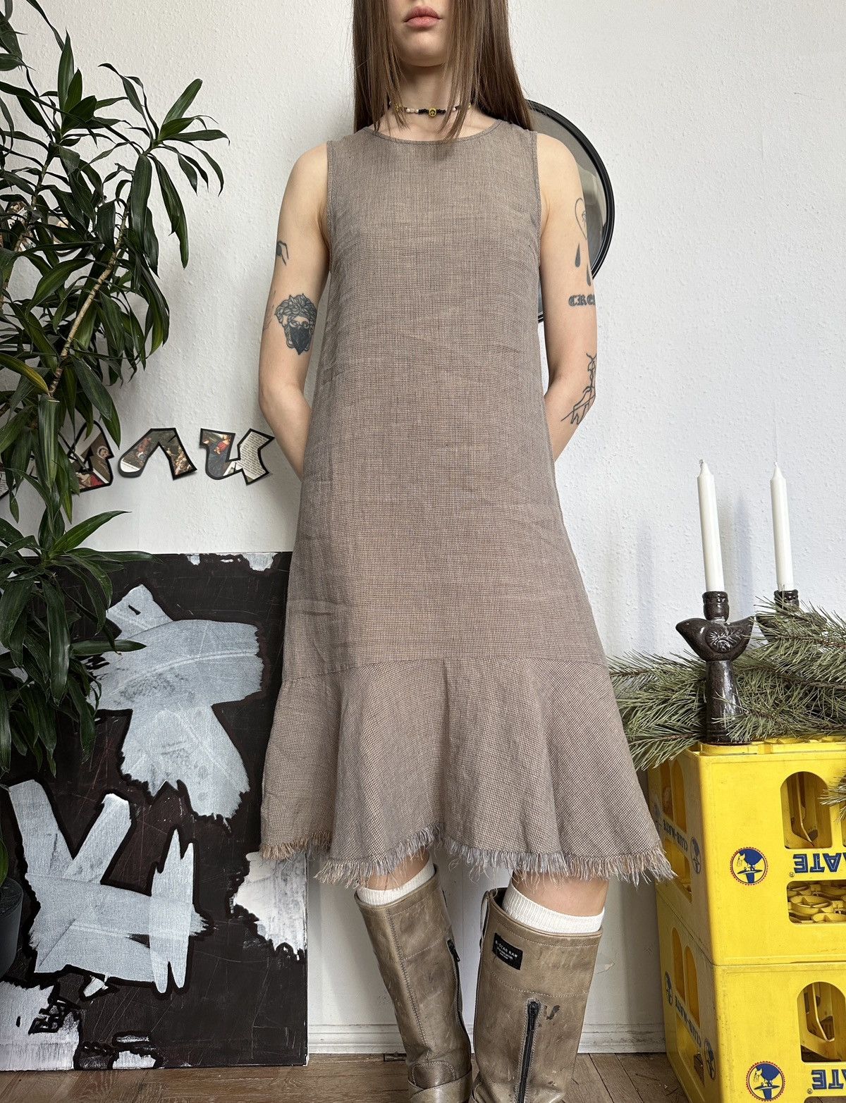 Beauty Beast × Japanese Brand Vintage Linen Cottage Ruffle Hem Dress Size XS / US 0-2 / IT 36-38 - 2 Thumbnail