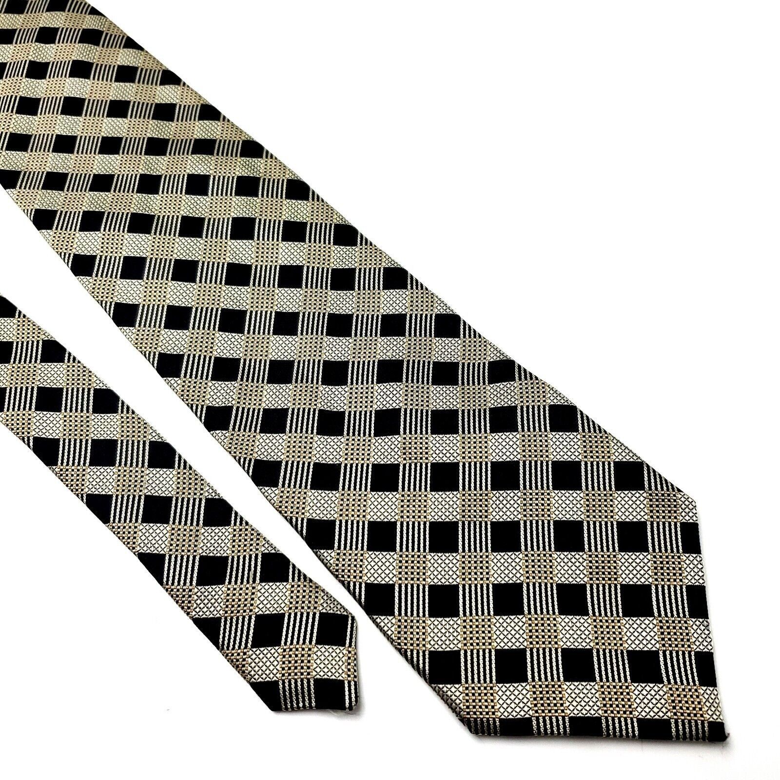 Robert Villini Roberto Villini Silk Tie Woven Black Gold Plaid Wide Size ONE SIZE - 1 Thumbnail