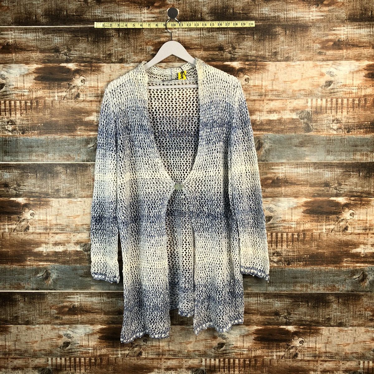 Japanese Brand Cinzia Caldi crochet meshnet Stripe Cardigan Knitwear #A2209 Size US XL / EU 56 / 4 - 1 Thumbnail