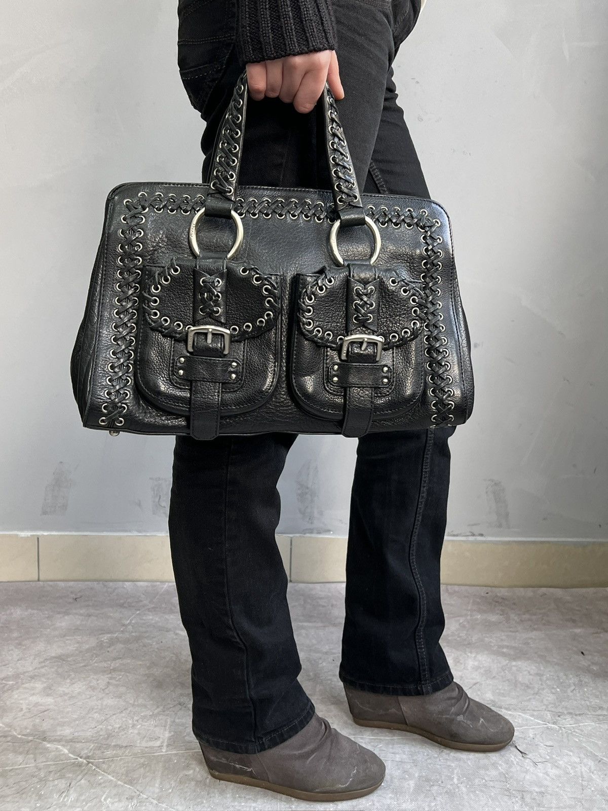 Kmrii style leather laced opium gothic leather bag DKNY y2k