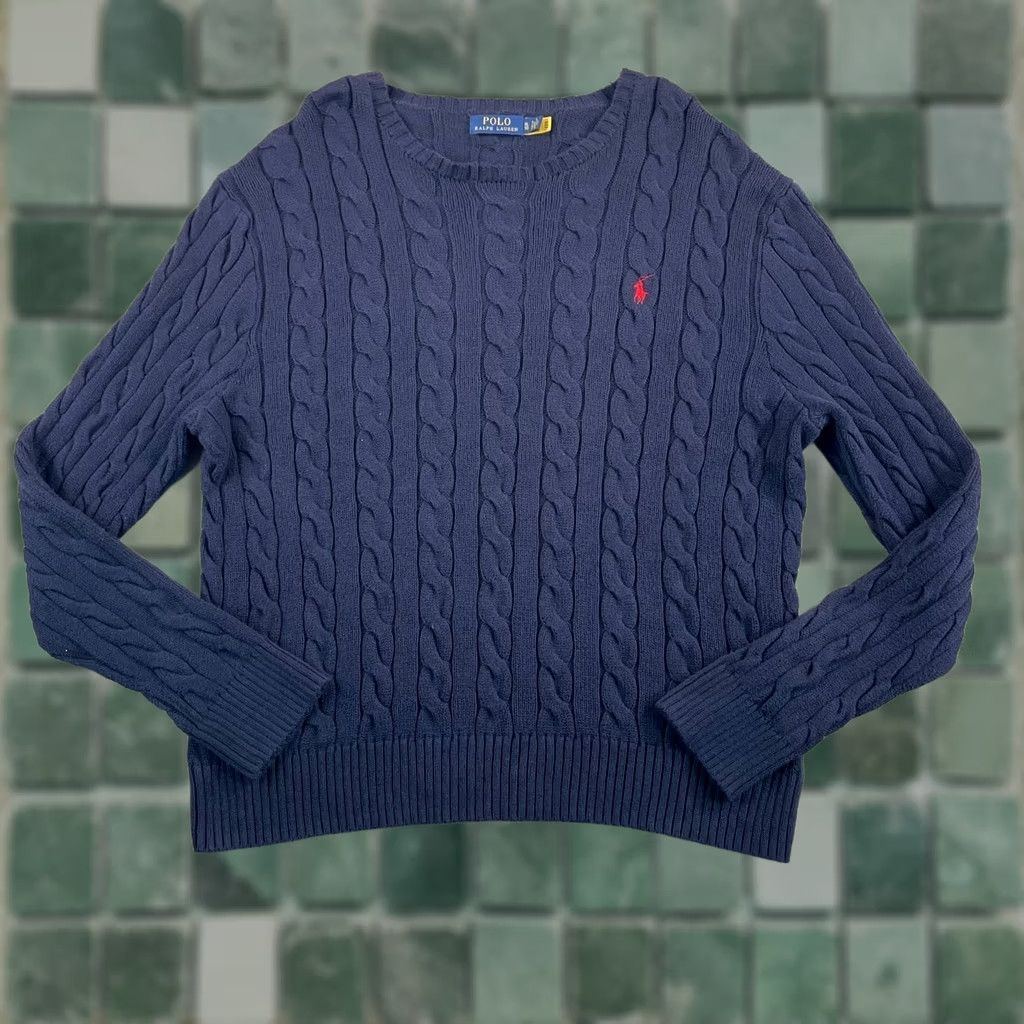 Polo Ralph Lauren VINTAGE Polo Ralph Lauren Crew Sweater Men XL Navy Cable Knit Cotton Red Pony Size US XL / EU 56 / 4 - 1 Thumbnail