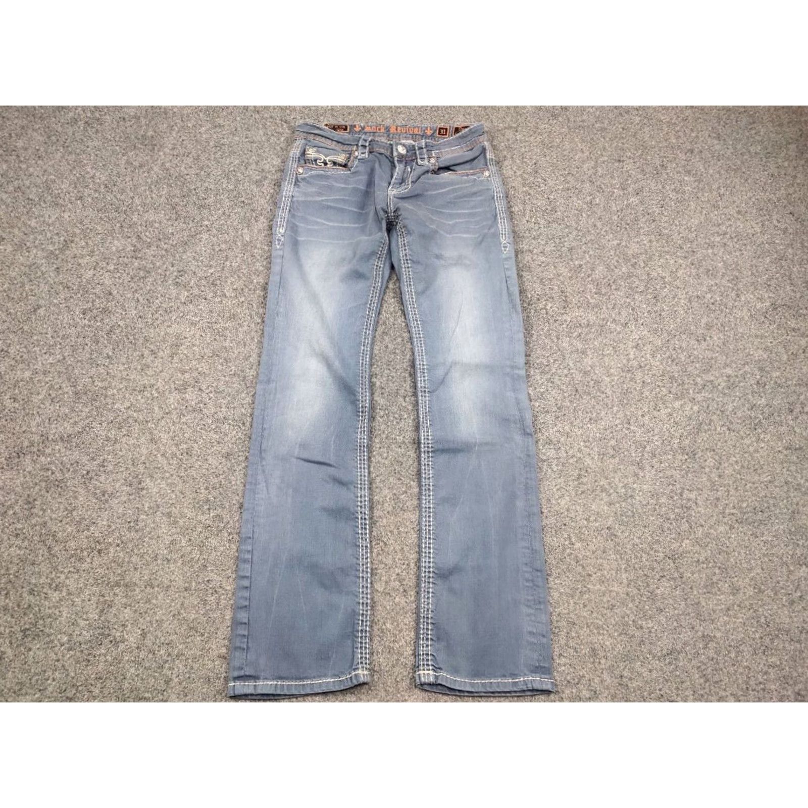 Vintage VINTAGE Rock Revival Jeans Rock Embroidered Logo Denim Y2K Men 31 Blue Cotton 5-Pocket Distressed Regular Straight Vintage Mens Jeans Size US 31 - 3 Thumbnail