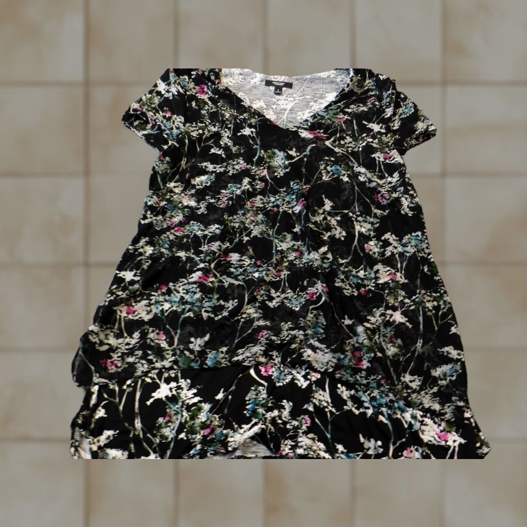 Vintage Simply Vera Vera Wang Blouse S Womens Black Floral Pullover Short Sleeve Collared Pullover Top Regular Stretch Button Casual Shirt Size S / US 4 / IT 40 - 1 Thumbnail