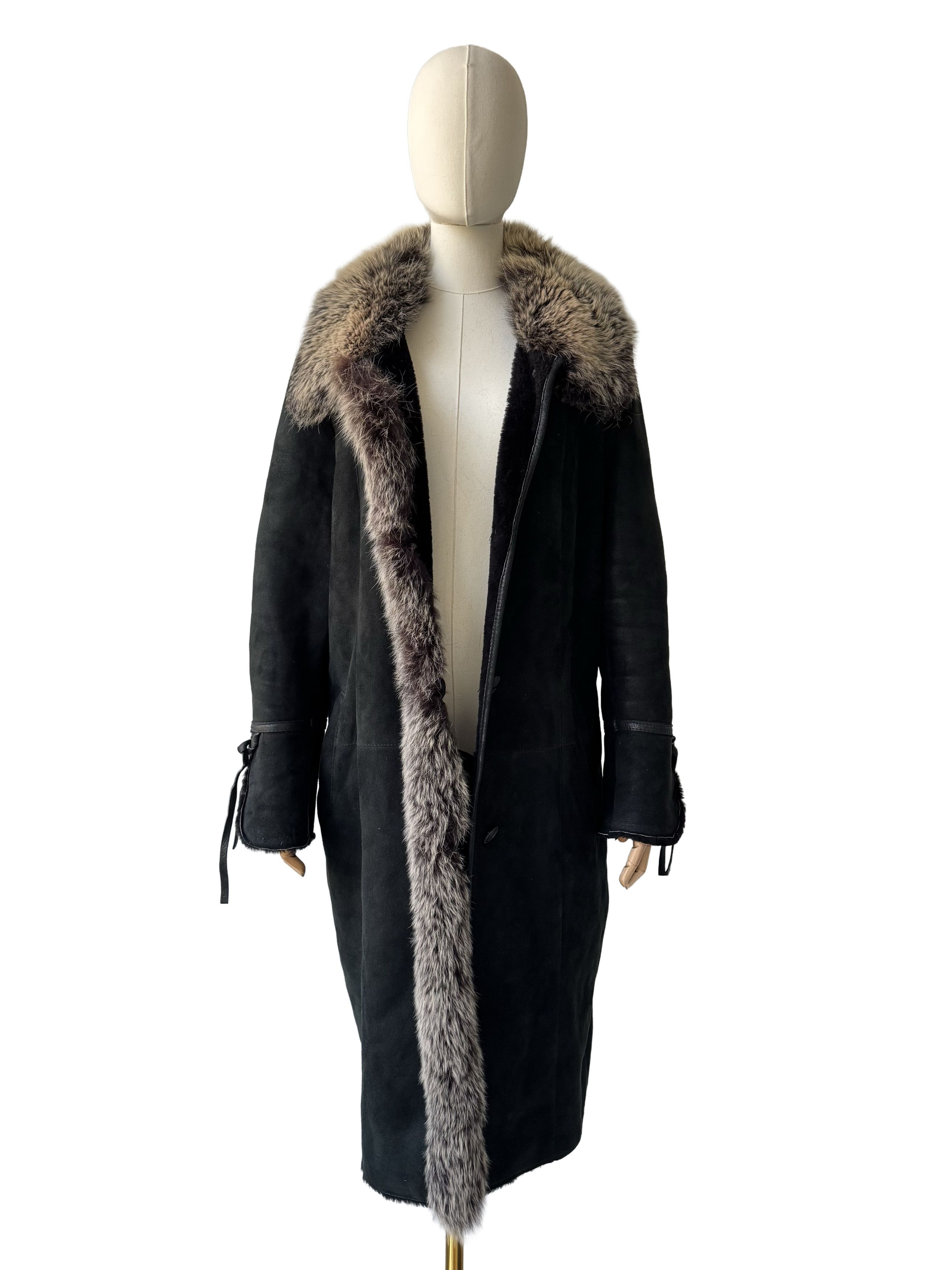 Vintage Vintage Black Leather Coat Real Fur Trim Long Sheepskin Size XL / US 12-14 / IT 48-50 - 3 Thumbnail