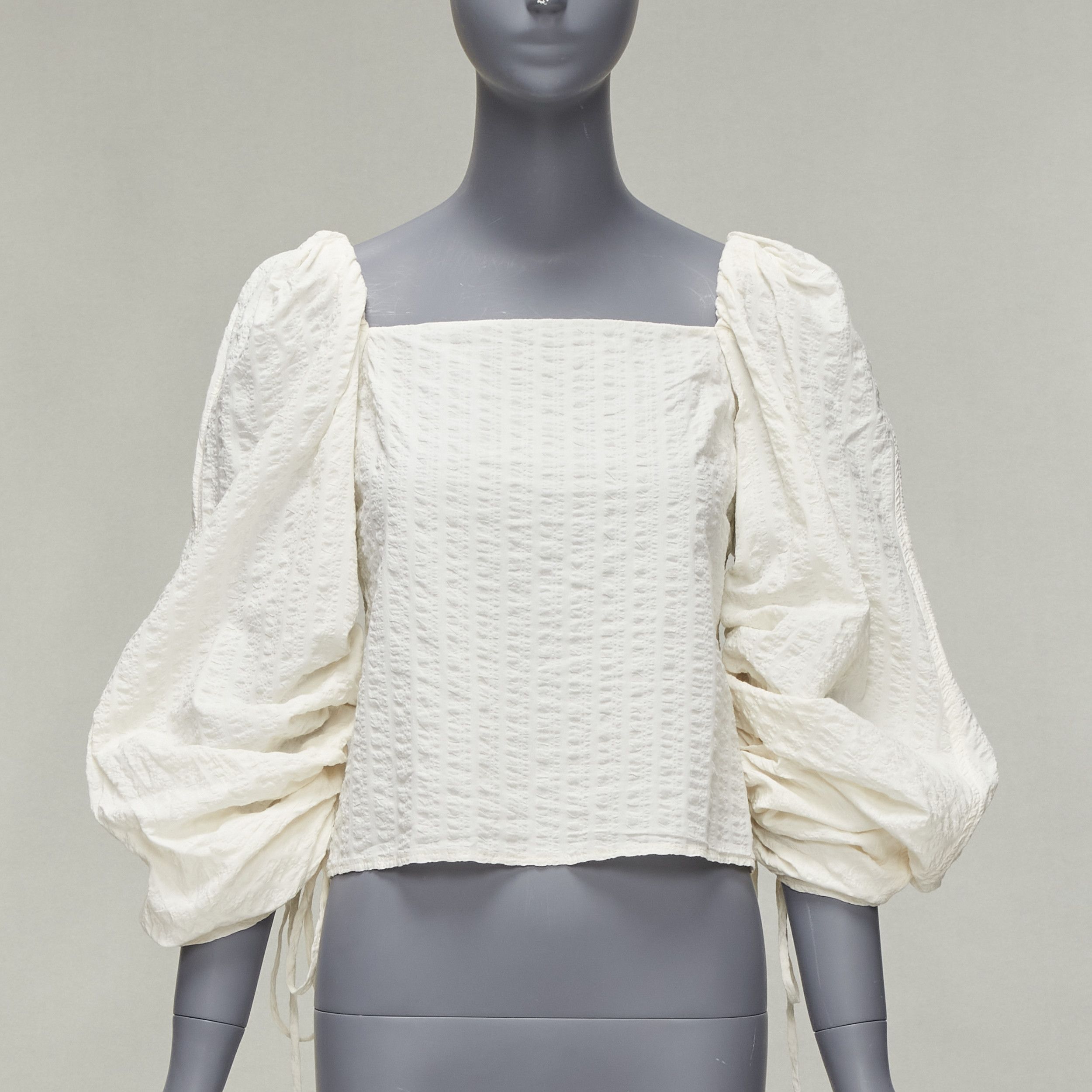 Rejina Pyo REGINA PYO cream cotton square neck ruched puff sleeves cropped peasant top S Size S / US 4 / IT 40 - 1 Thumbnail