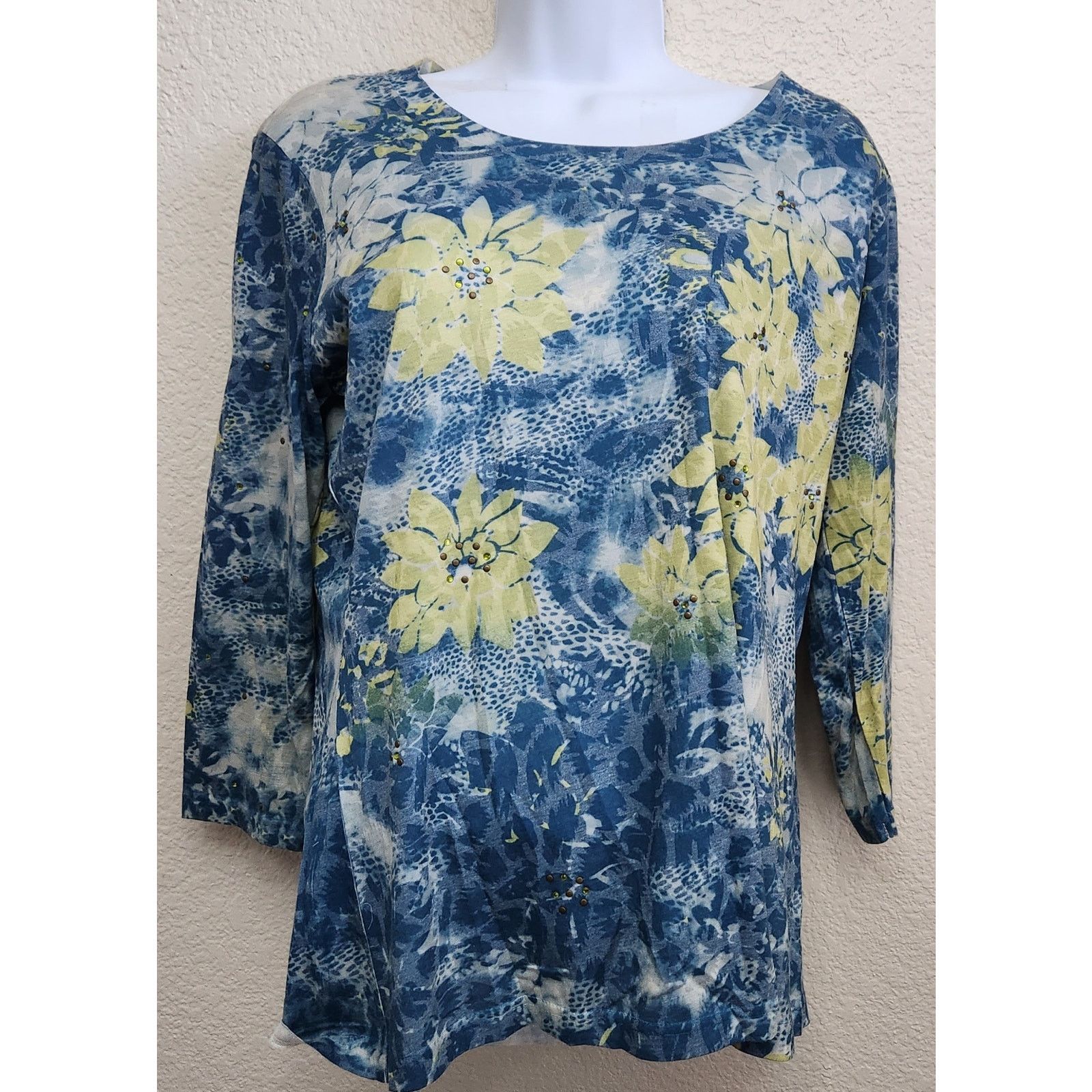 Other Multiples Blue Yellow Floral Print Rhinestones Top Medium Size M / US 6-8 / IT 42-44 - 1 Thumbnail
