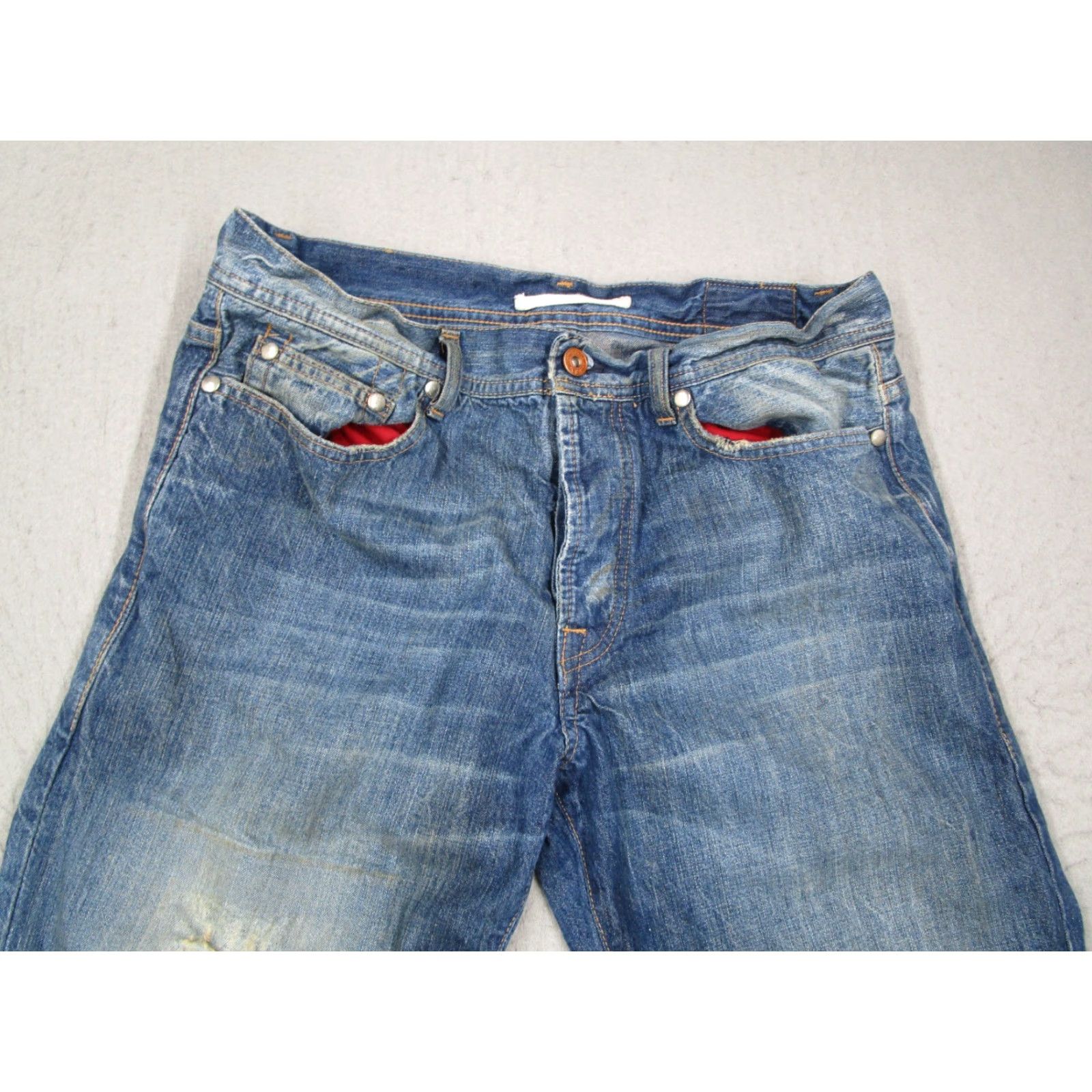 Vintage VINTAGE Ra-Re Recycle Jeans Mens 36 Blue Distressed Straight Denim Button Fly 32x32 - 90s Retro Hipster City Bohemian Mens Jeans Size US 36 / EU 52 - 2 Thumbnail