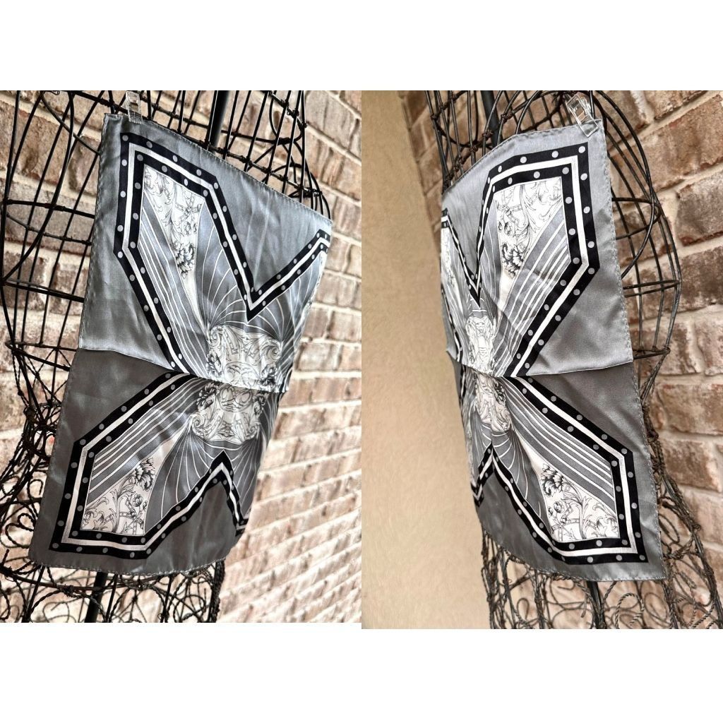 Vintage Vintage Neck Scarf Silver Black Floral Art Deco Hand Rolled Size ONE SIZE - 3 Thumbnail
