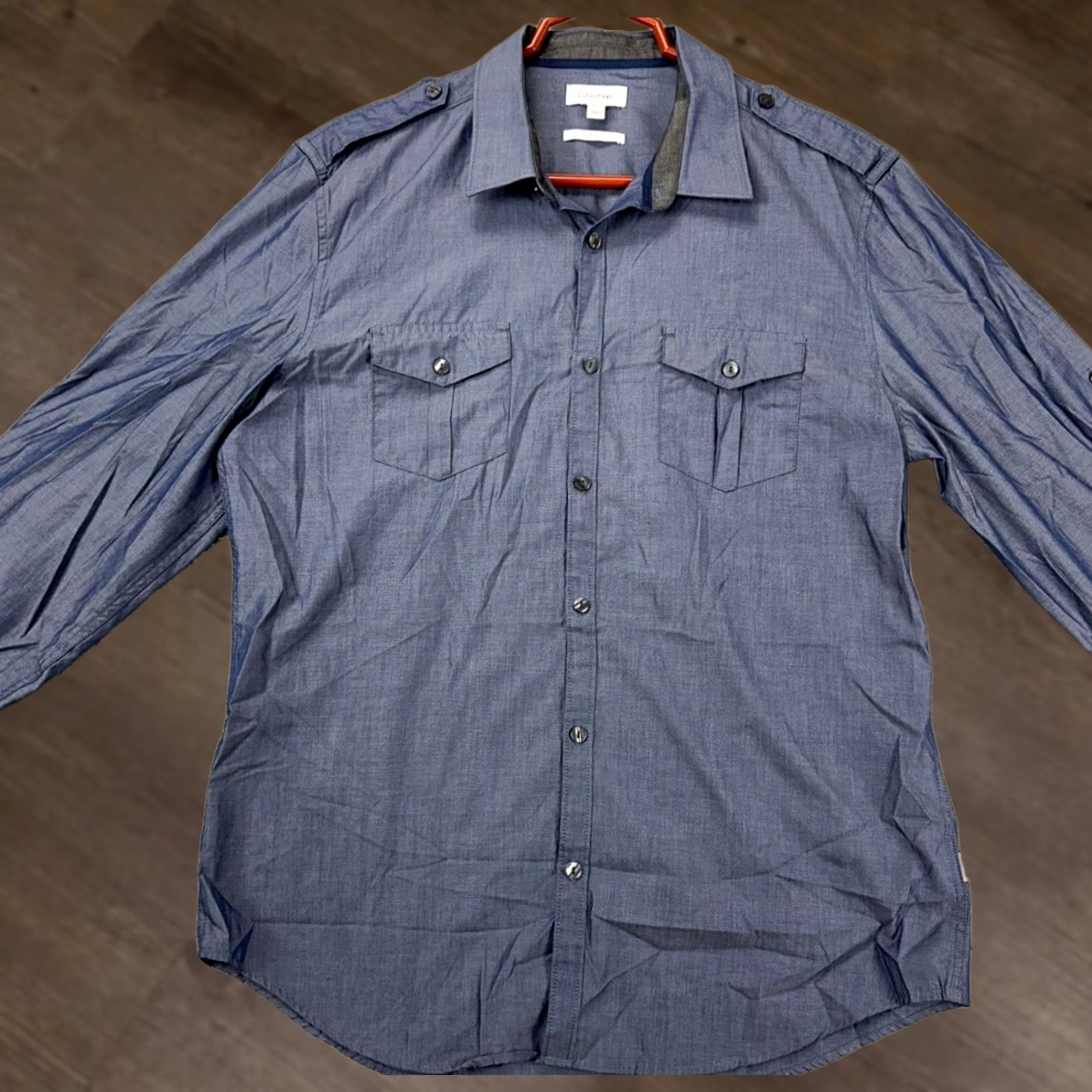 Calvin Klein Calvin Klein Button-Up Shirt Mens Large Blue 100% Cotton Slim Fit Flap Pocket Button Up Short Sleeves? Size US L / EU 52-54 / 3 - 1 Thumbnail