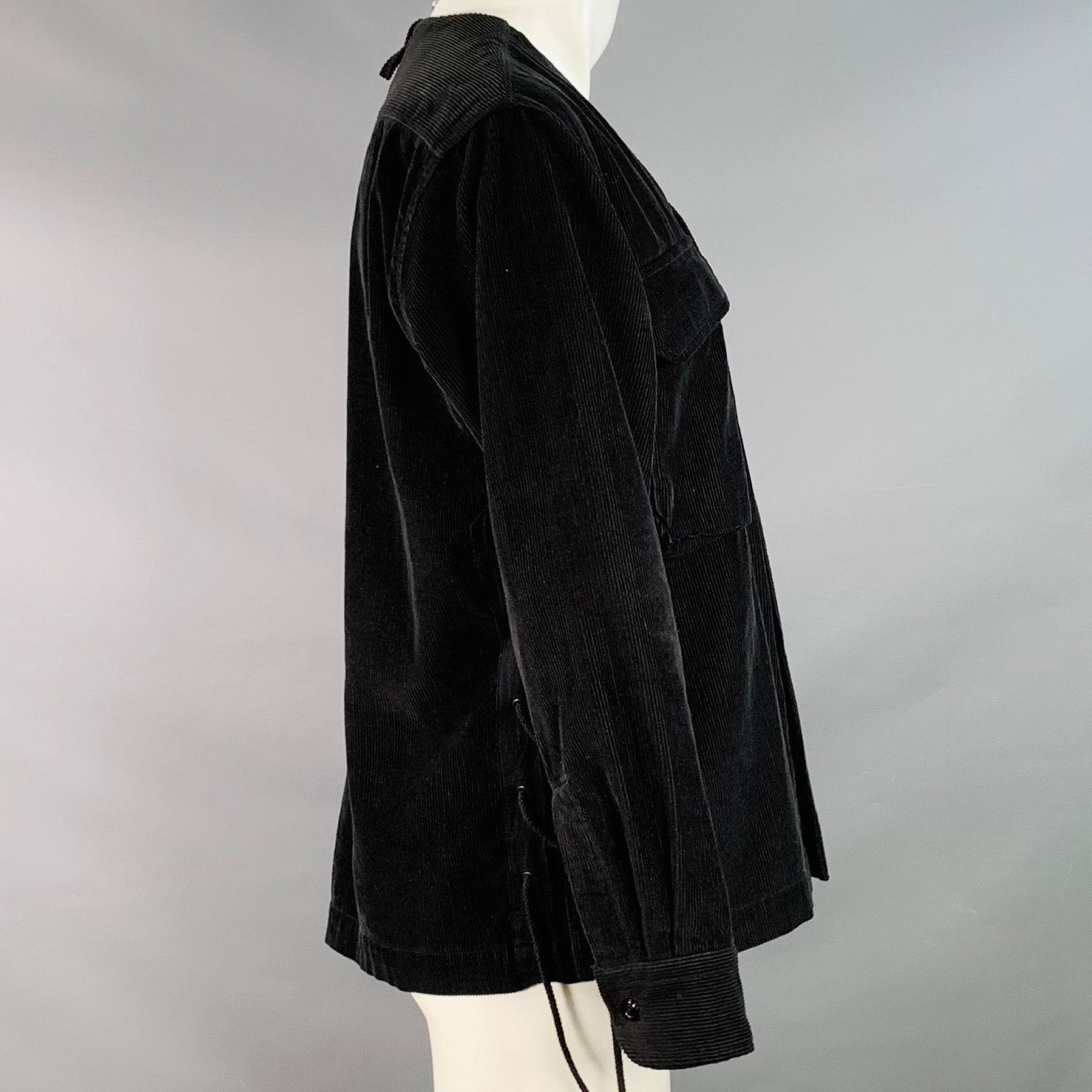 EASTLOGUE EASTLOGUE M Black Corduroy Cotton Collarless V-Neck Jacket Size US M / EU 48-50 / 2 - 2 Thumbnail