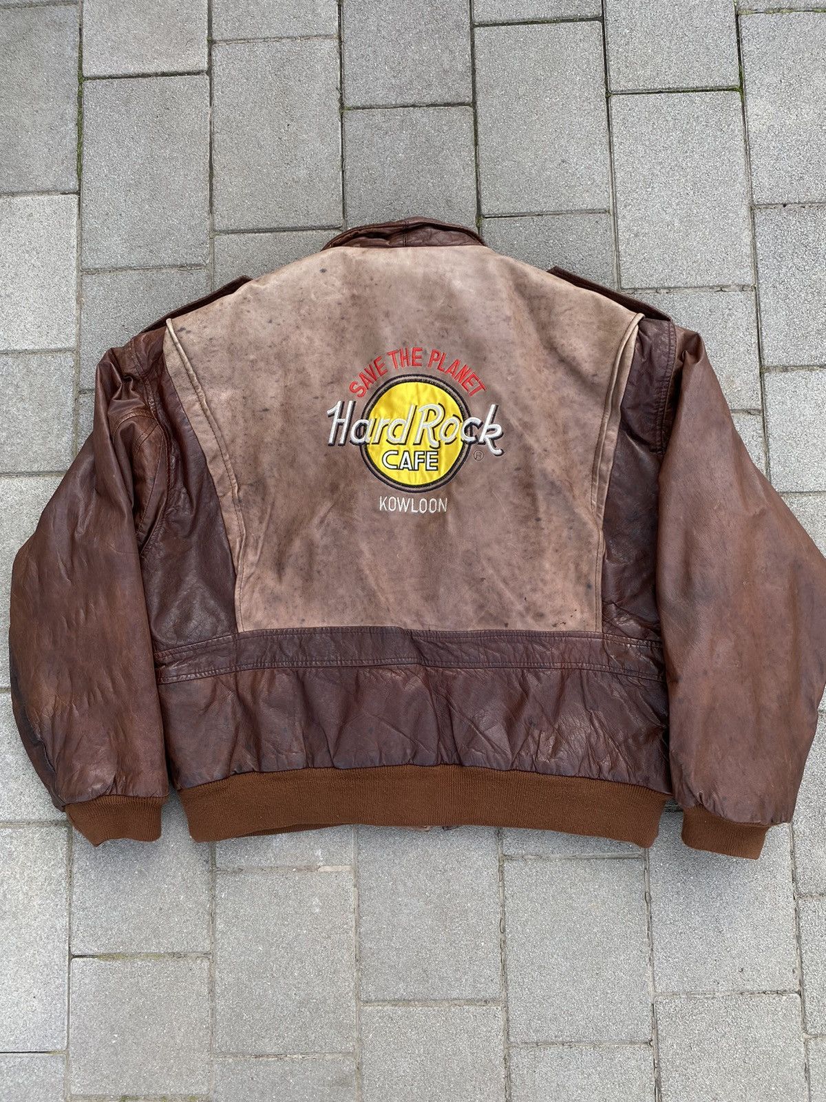 image of Hard Rock Cafe Kowloon Vintage Leather Bomber Jacket in Brown, Men's (Size XL)