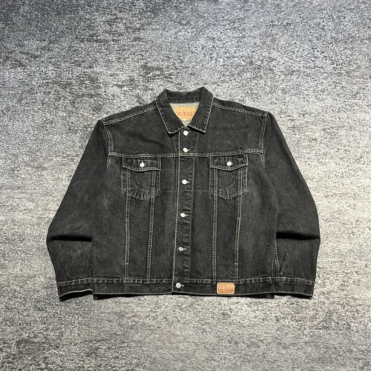 VINTAGE 90s GUESS BLACK DENIM TRUCKER JACKET GRUNGE SIZE 3XL