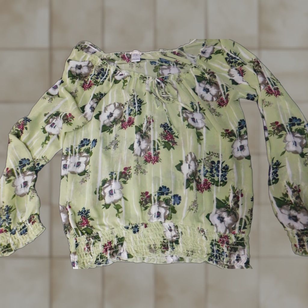 Vintage Studio Y Womens Blouse XL Green Floral Long Sleeve Collared Pullover Casual Regular Fabric Polyester Down Button Size XL / US 12-14 / IT 48-50 - 1 Thumbnail