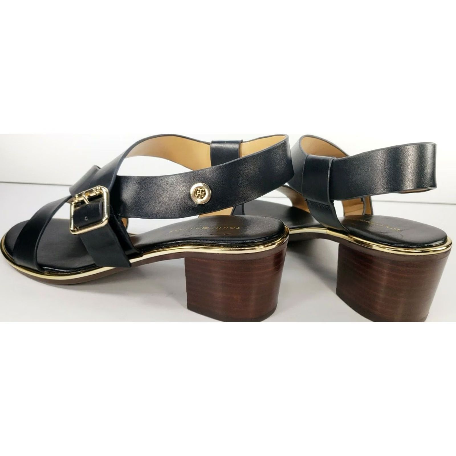 Tommy Hilfiger Tommy Hilfiger Konas Women's Sandal T-Strap Black Leather 9M Heel Low Block Strappy Size US 9 / IT 39 - 4 Thumbnail