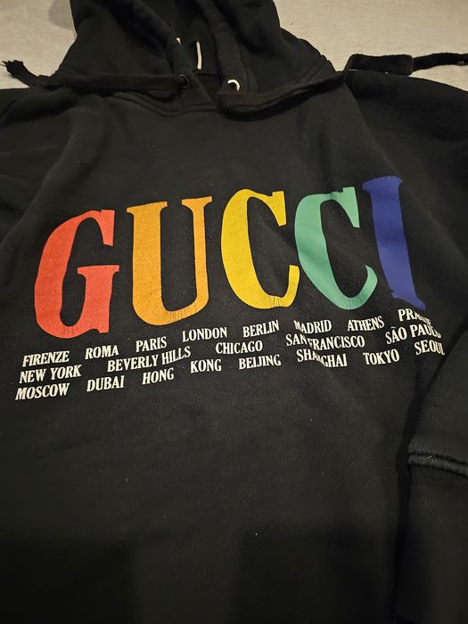 Gucci Rainbow Gucci Black Hoodie with Cities Altered To Sz Medium