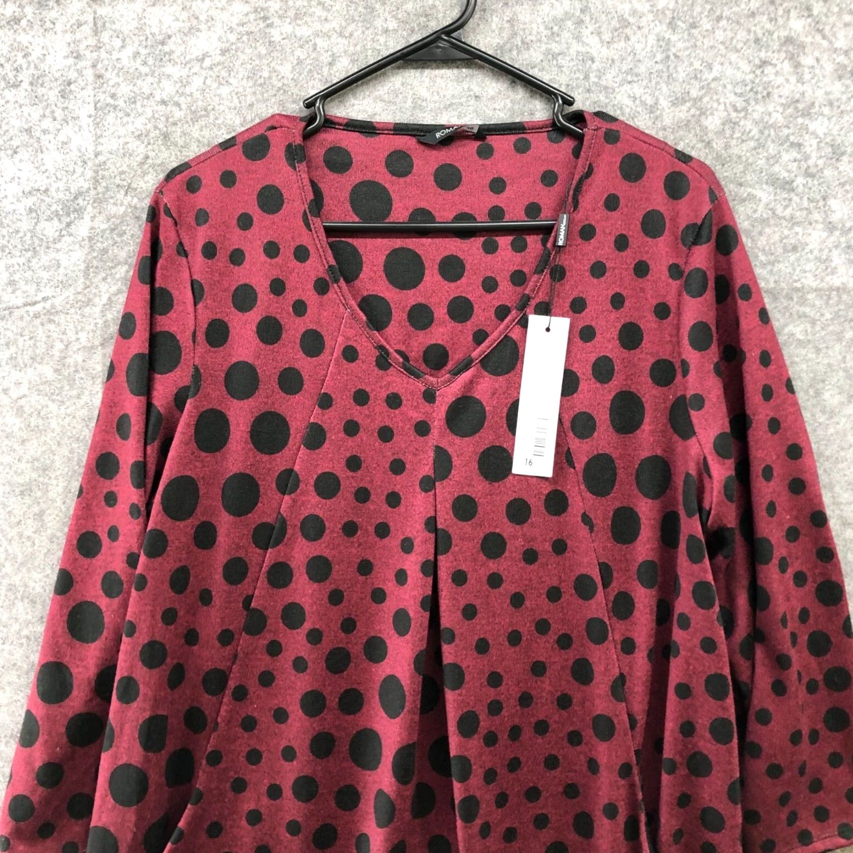 Vintage Roman Dress NWT Women 16 Burgundy Red Polka Dot V Neck Knit Long Sleeve Shift Size XXL / US 16-18 / IT 52-54 - 3 Thumbnail