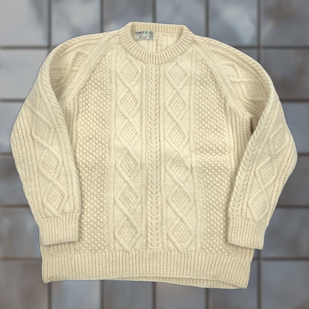 Vintage Premier Aran Sweater Men's Cream Cable Knit Wool 100% L Crew Neck Pullover Jumper Handknit Heavyweight Wool Irish Classic Outdoor Autumn Winter Size US L / EU 52-54 / 3 - 1 Thumbnail