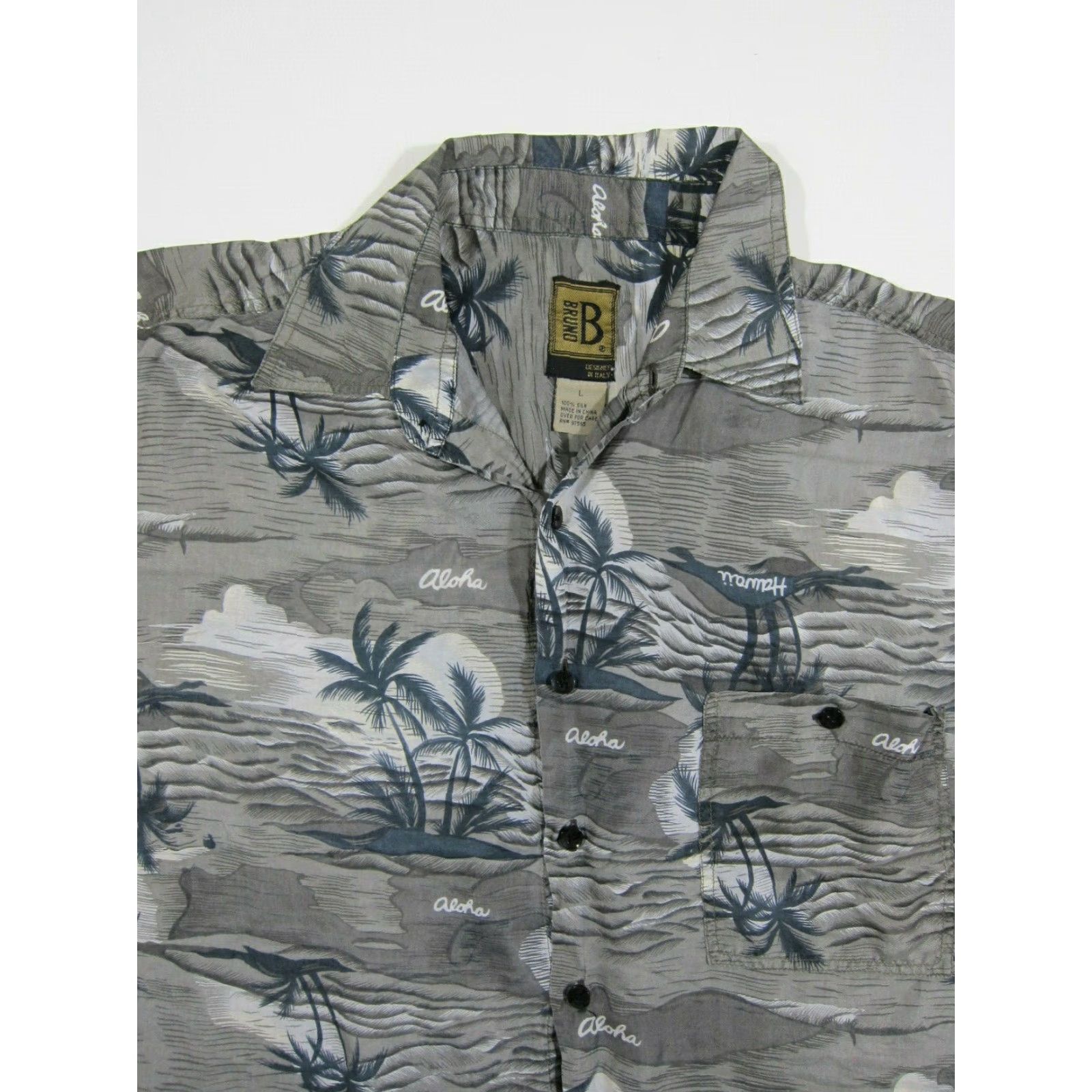Vintage VINTAGE Bruno B Shirt Men Large 100% Silk Grey Aloha Palm Tree Floral Hawaiian Button-Up Short Sleeve Collared 50s 60s 70s 80s Mens Size US L / EU 52-54 / 3 - 4 Thumbnail