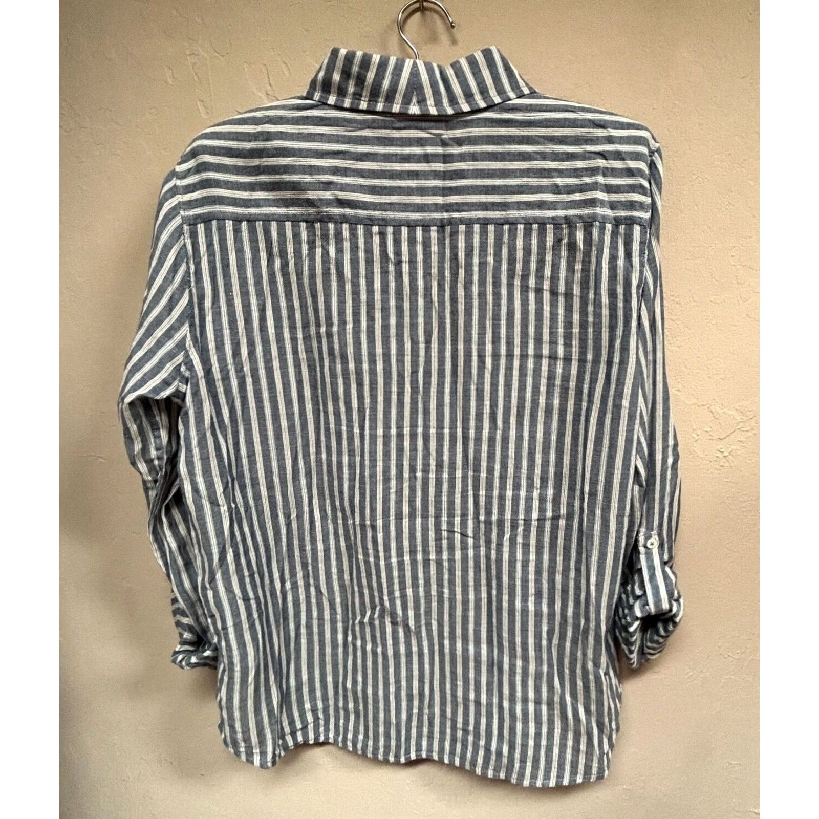 Paige PAIGE Womens Mable Shirt Large Blue Ivory Striped Roll Tab Sleeve Top Pockets Size L / US 10 / IT 46 - 2 Thumbnail