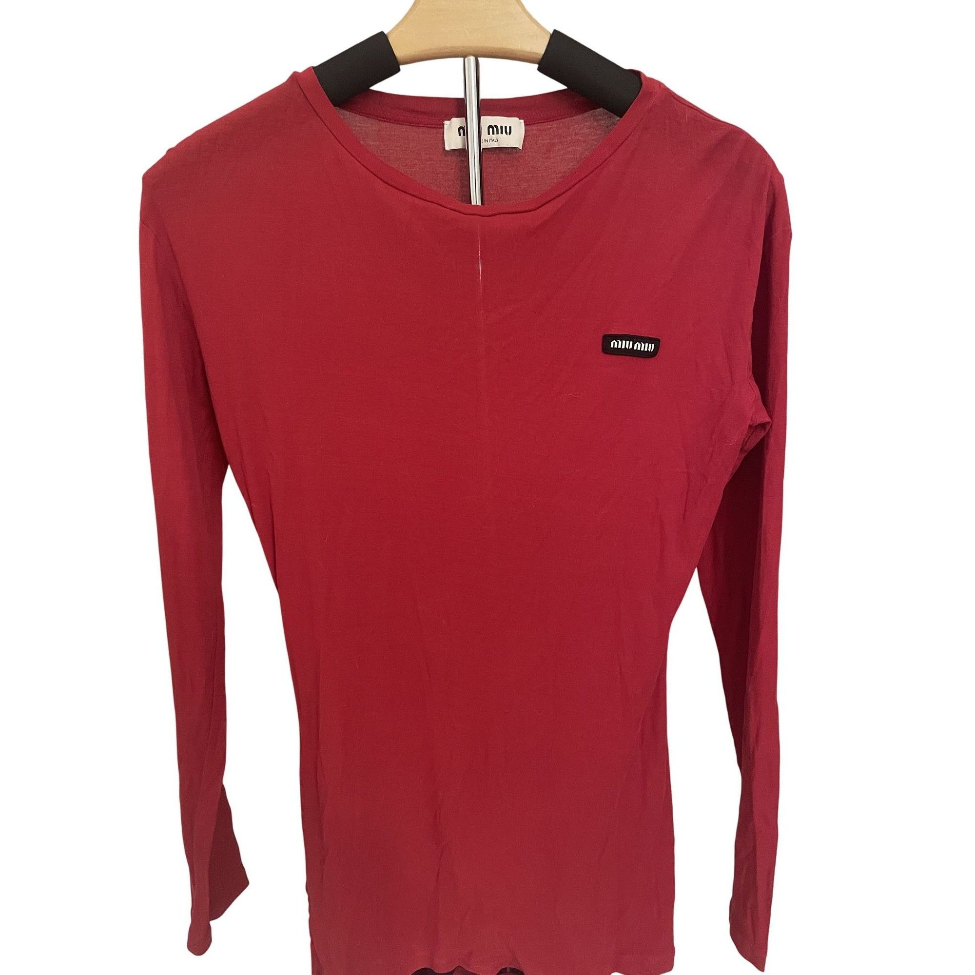 Miu Miu Miu Miu Womens Red Long-Sleeve Crewneck T-Shirt With Logo Pa Size S / US 4 / IT 40 - 1 Thumbnail