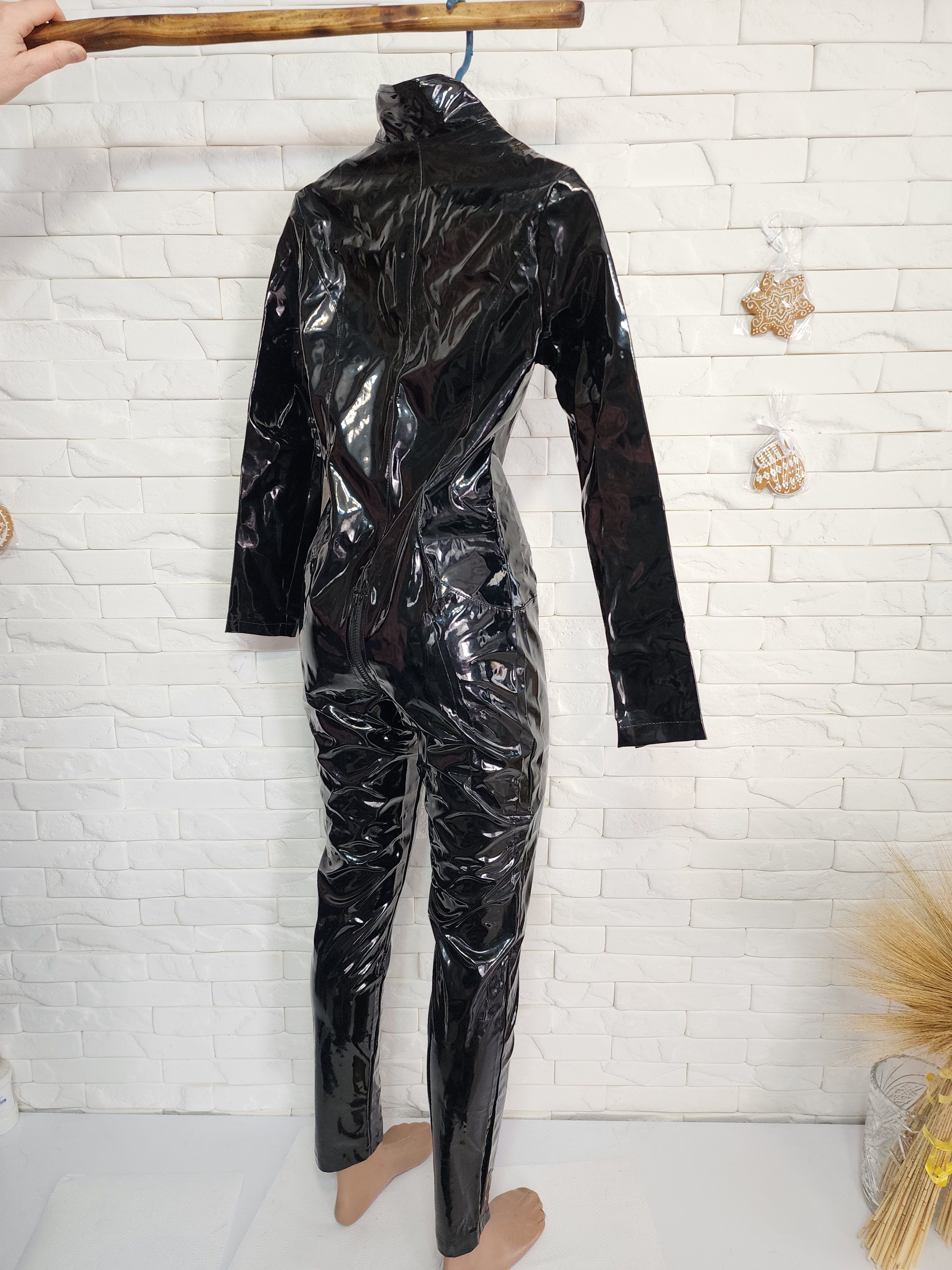 Uniqlo Faux Leather Jumpsuit: Women's Black Zippered Catsuit Size 28" / US 6 / IT 42 - 5 Thumbnail