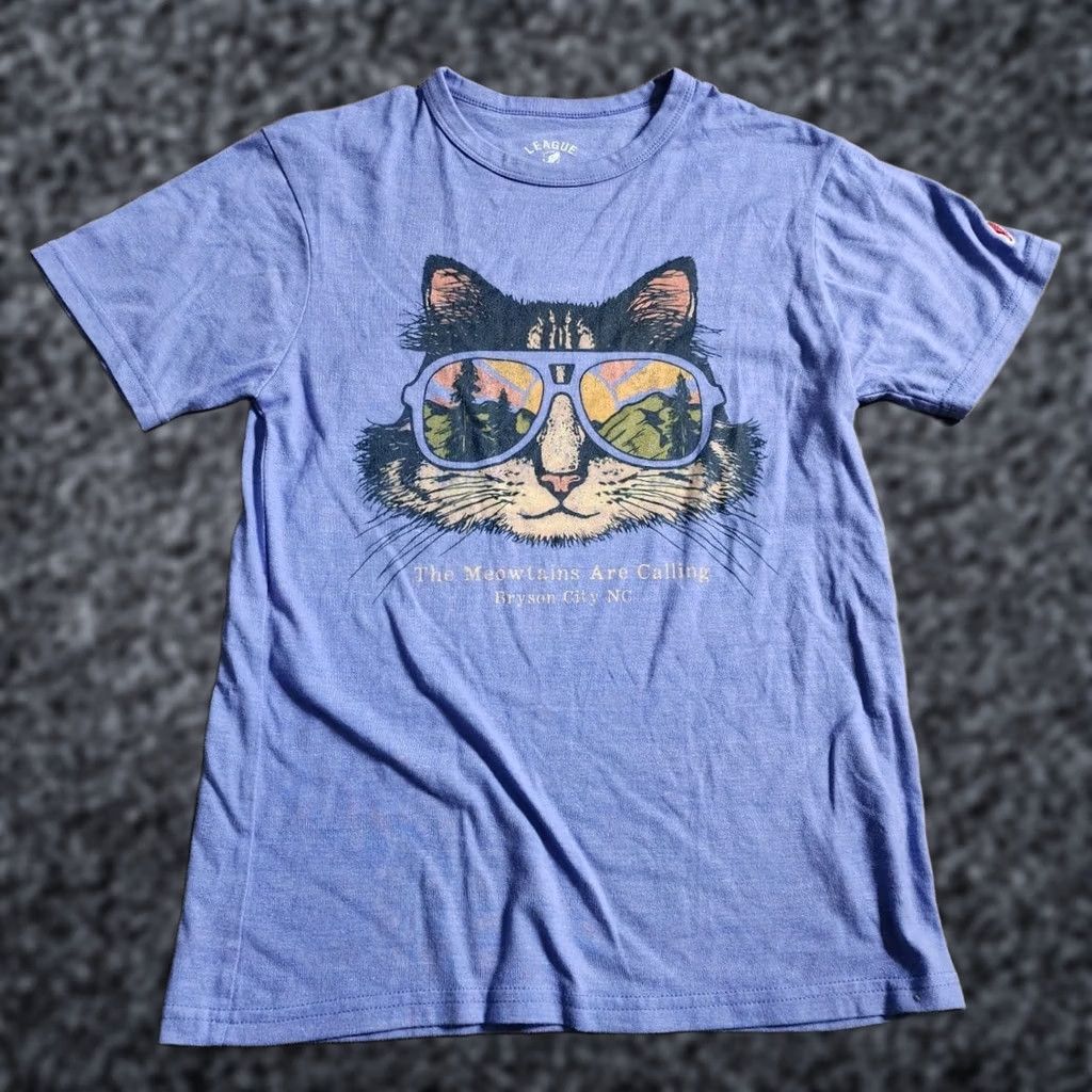 Vintage League Mens S T-Shirt, Cat, Blue, Cotton, Short Sleeve, Crew Neck, Graphic Tee, Regular Fit, 100% Cotton, Baseball? Size US S / EU 44-46 / 1 - 1 Thumbnail