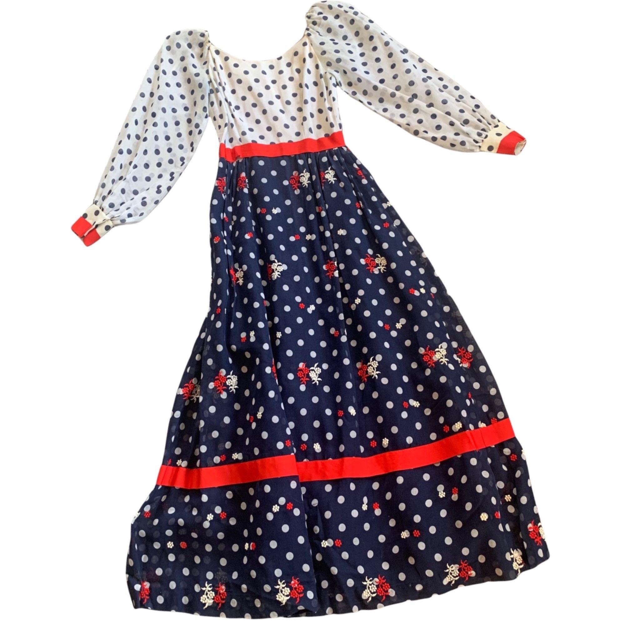 Vintage Elinor Gay ILGWU Polka Dot Floral Embroidered Maxi D