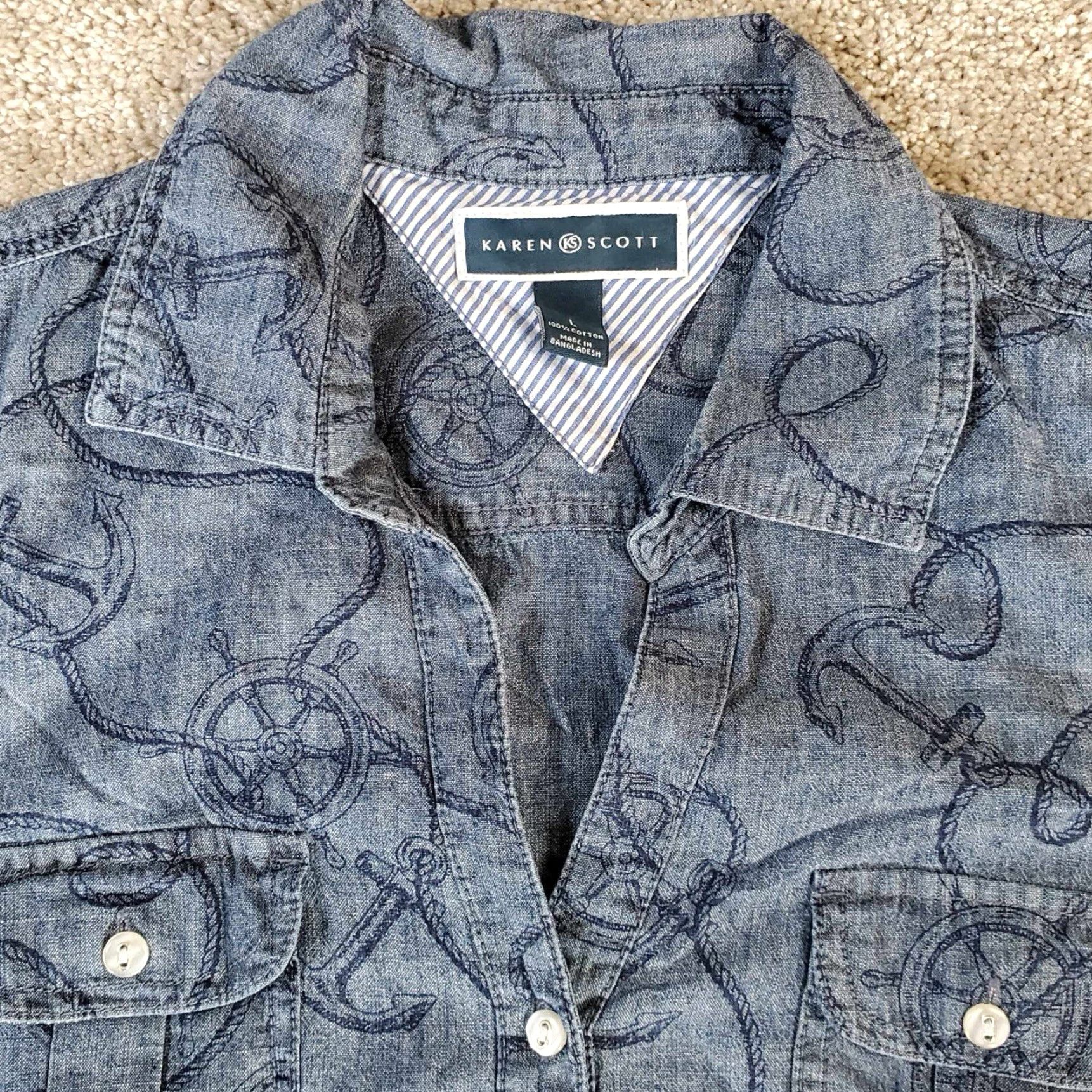 Vintage Karen Scott Button-Up Nautical Shirt Blue L Golf Women Regular Short Sleeve Collared Nautical Pattern Nautical Theme Shirt Size L / US 10 / IT 46 - 6 Thumbnail