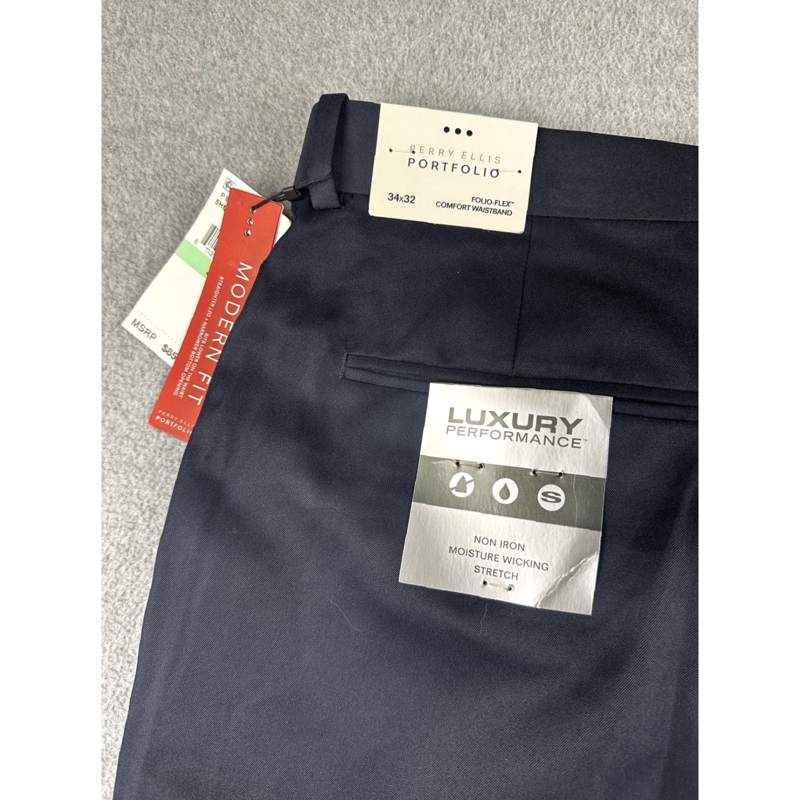 Perry Ellis Portfolio Pants Mens 34x32 Dark Navy Modern Fit Luxury Performance  Dress Pants Regular Inseam