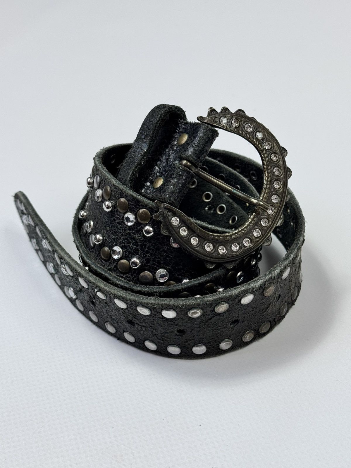 Y2K Rhinestone Embellished Leather Belt in Black, Men’s