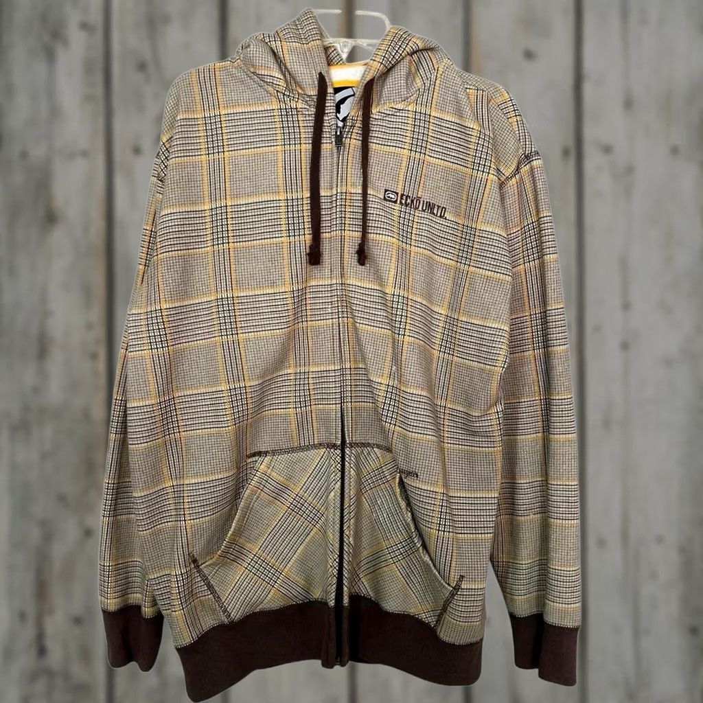 Vintage VINTAGE Ecko Unlimited Plaid Full Zip Hoodie Mens L Tan KS? Size US L / EU 52-54 / 3 - 1 Thumbnail
