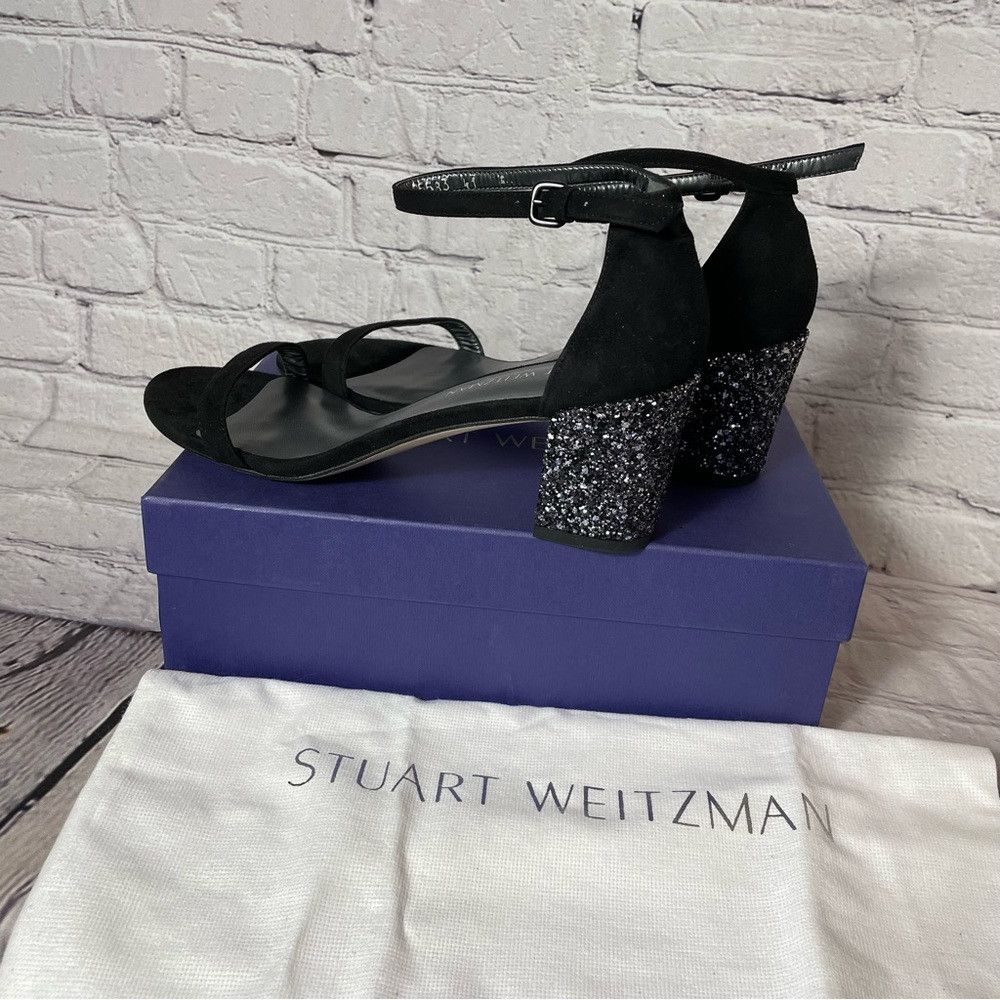 Stuart Weitzman New Stuart Weitzman Simple Black Block Glitter Heel Suede S Size US 10.5 / IT 40.5 - 6 Thumbnail