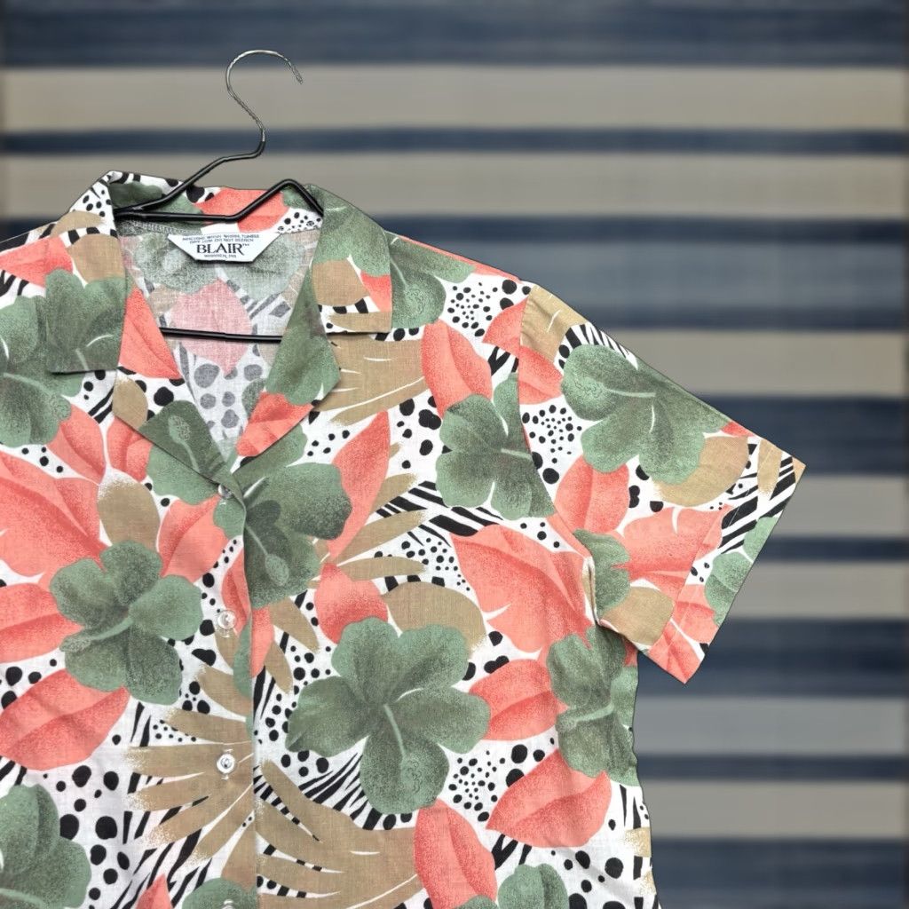 Blair VINTAGE Blair Blouse Womens Large Floral Print Tropical Jungle Short Sleeve AOP Size L / US 10 / IT 46 - 1 Thumbnail