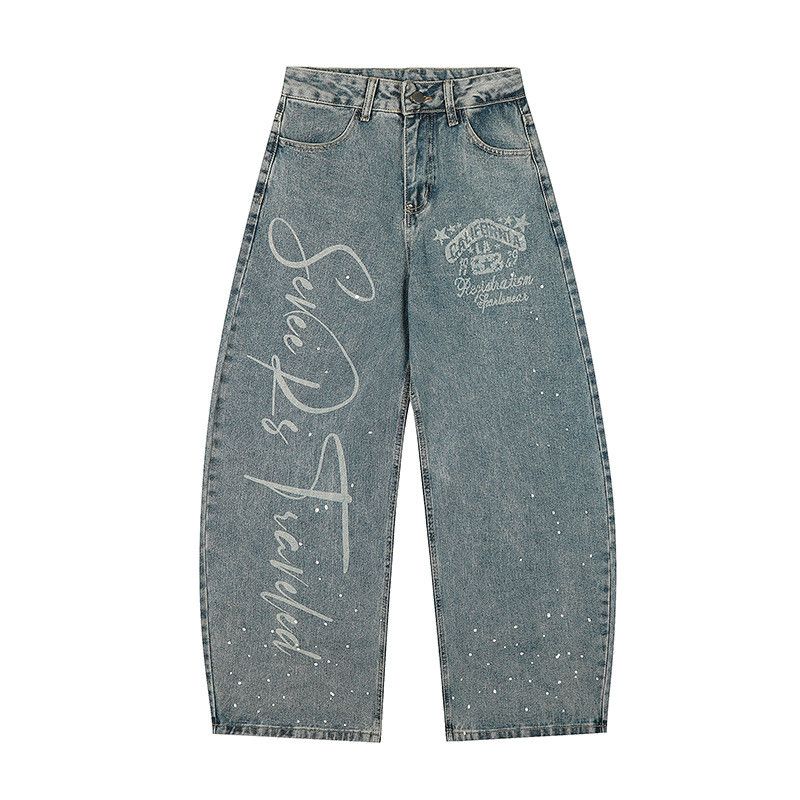 Jean American retro letter print curved splatter paint jeans Size US 32 / EU 48 - 1 Thumbnail