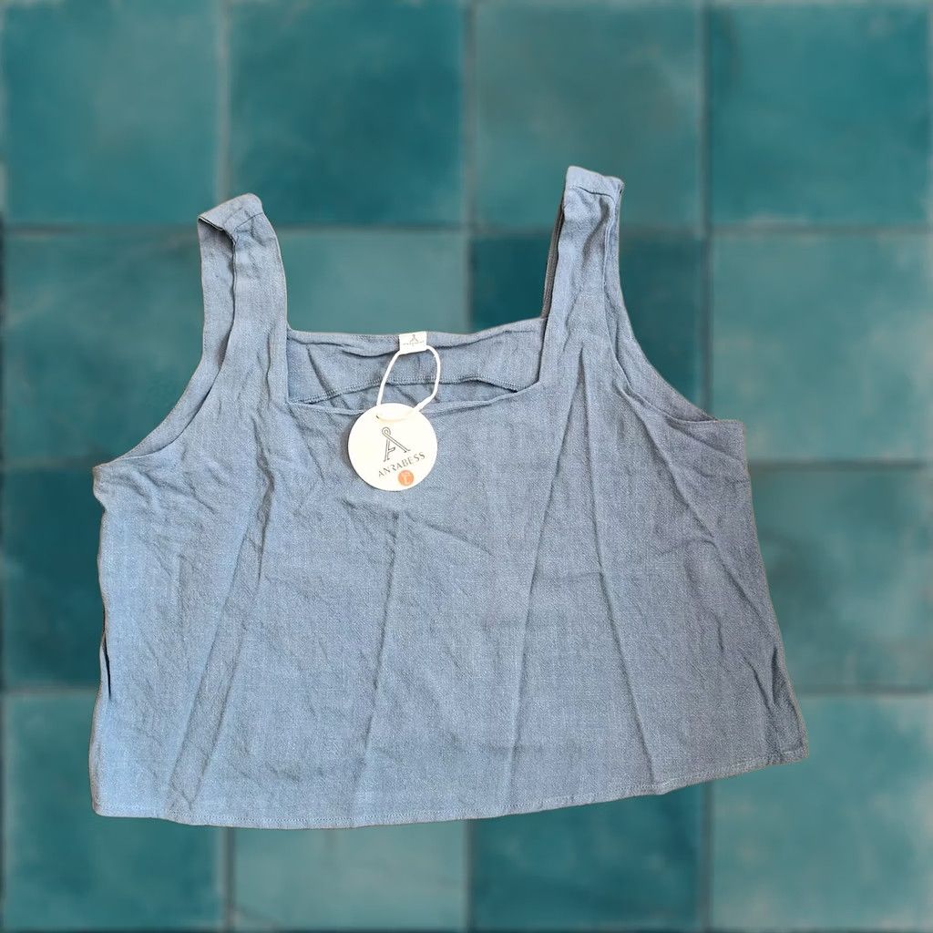 Vintage Anrebess Women's Tank Cropped Top - L Blue Linen Rayon Sleeveless Pullover NWT Casual Party/Cocktail Travel Size L / US 10 / IT 46 - 1 Thumbnail