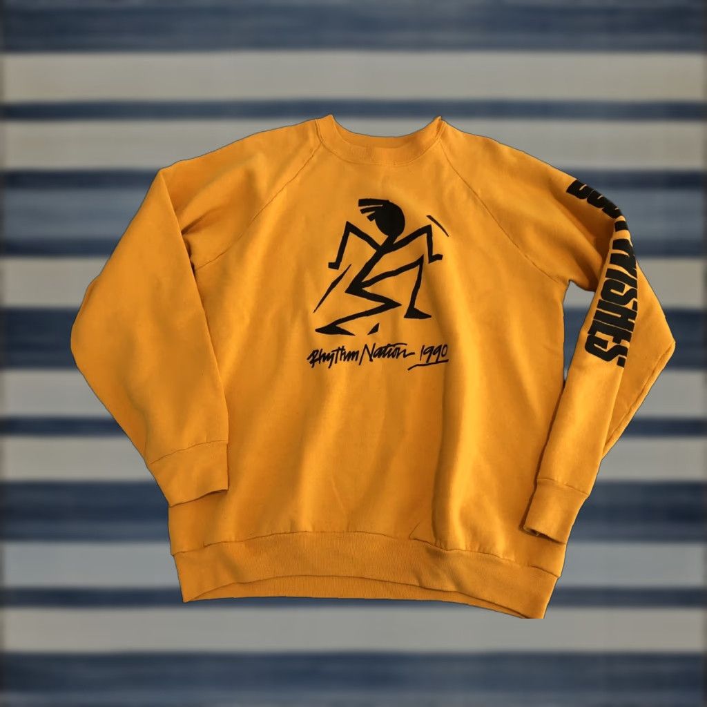Fruit Of The Loom VINTAGE Fruit of the Loom 90s Rhythm Nation Tour Sweater Mens XL Yellow Cotton Blend Pullover Crew Neck Made in USA Size US XL / EU 56 / 4 - 1 Thumbnail